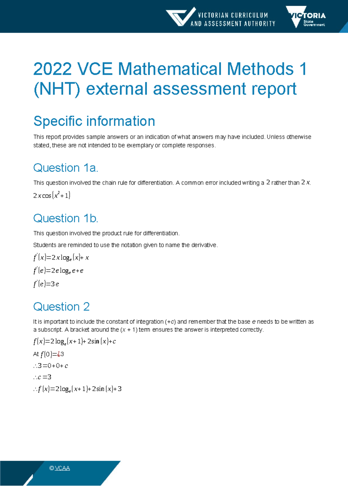 2022mm1NHTreport Exam 2022 VCE Mathematical Methods 1 (NHT) external assessment report