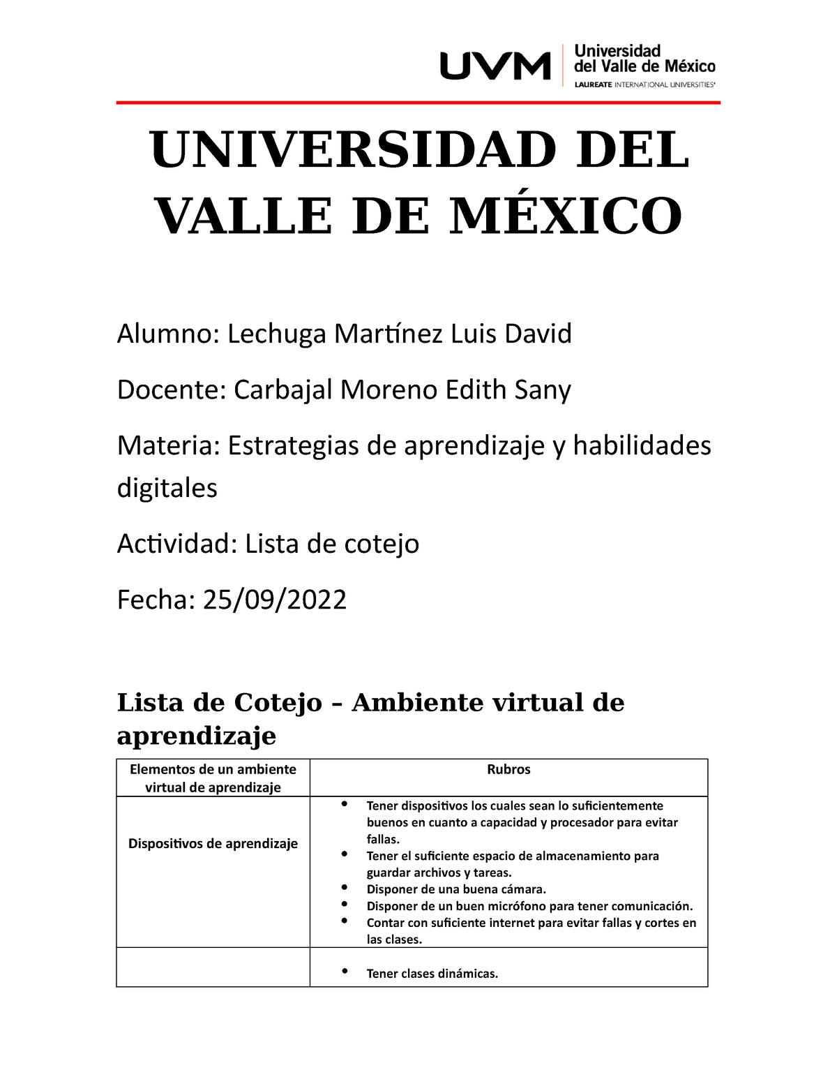 U Plantilla Lista De Cotejo Universidad Del Valle De M Xico Alumno Lechuga Mart Nez Luis