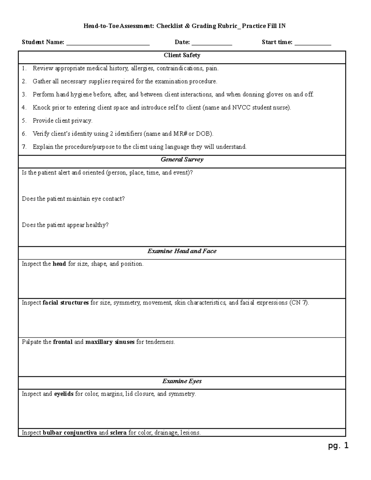 NSG 200 Head to Toe Assessment Check List and Grading Rubric Practice ...