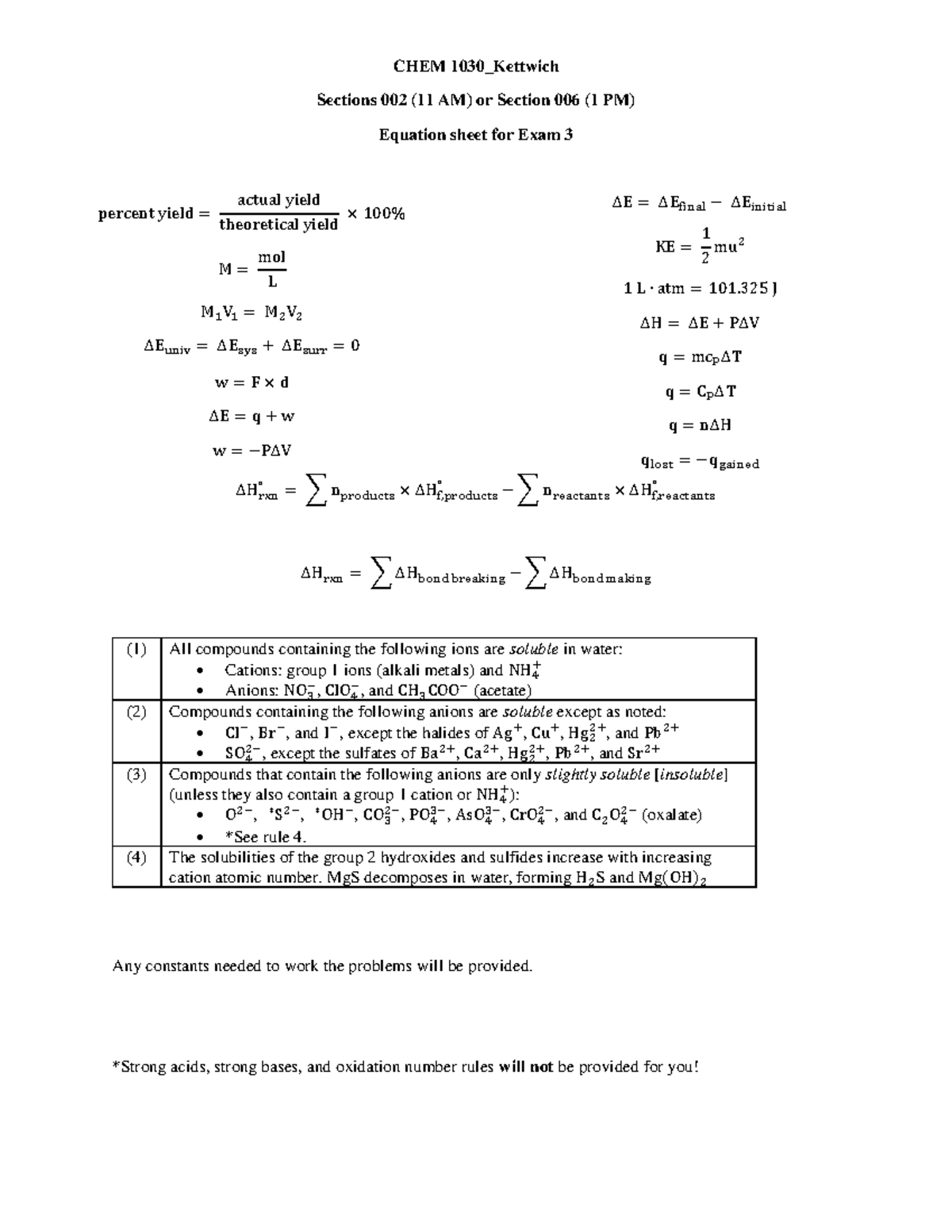 CHEM 1030 Exam 3 Equation sheet - CHEM 1030_Kettwich Sections 002 (11 ...