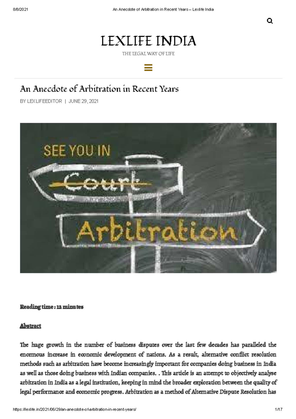 An Anecdote Of Arbitration In Recent Years – Lexlife India - LEXLIFE ...