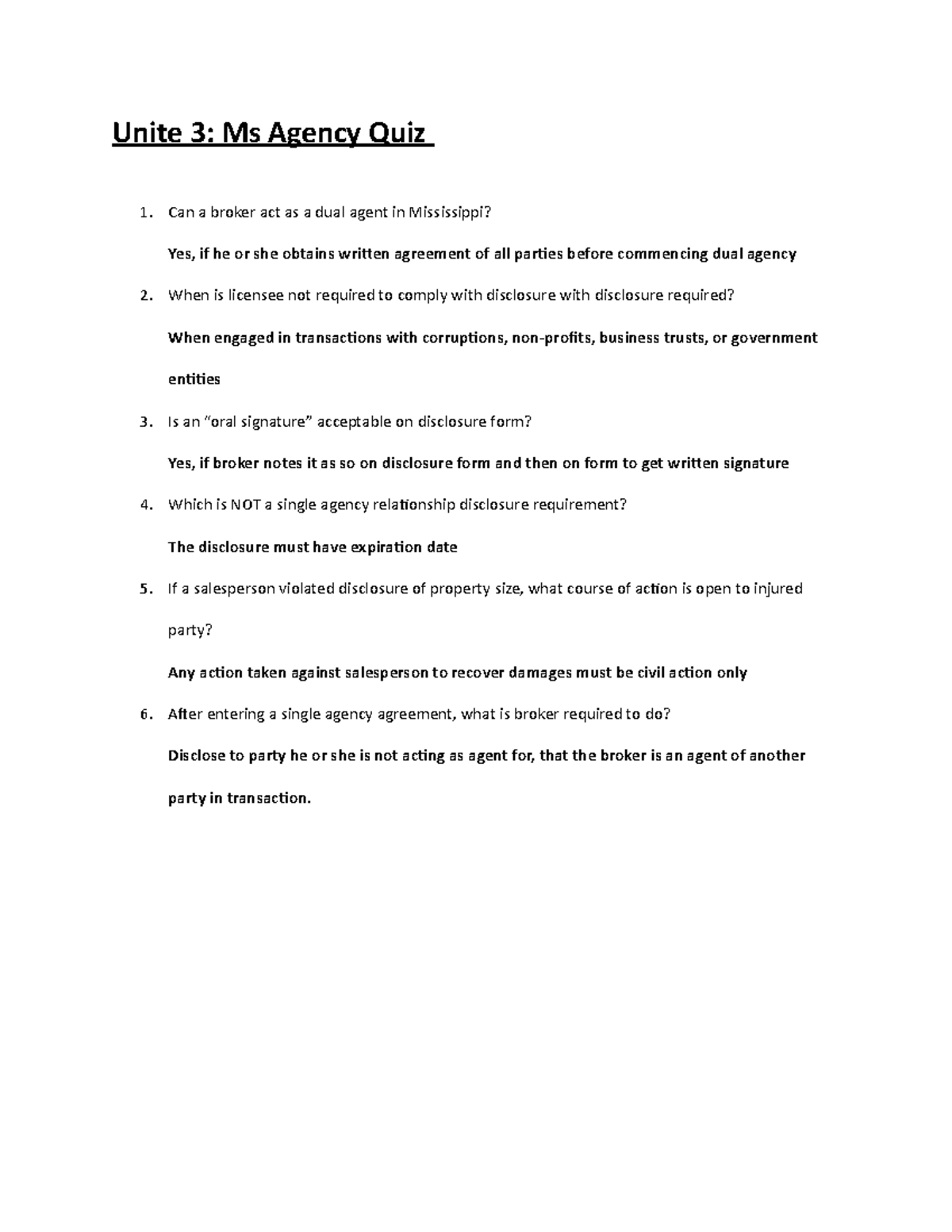 Unite 3 quiz Quiz on Unit 3 covering dual agency in Mississippi real