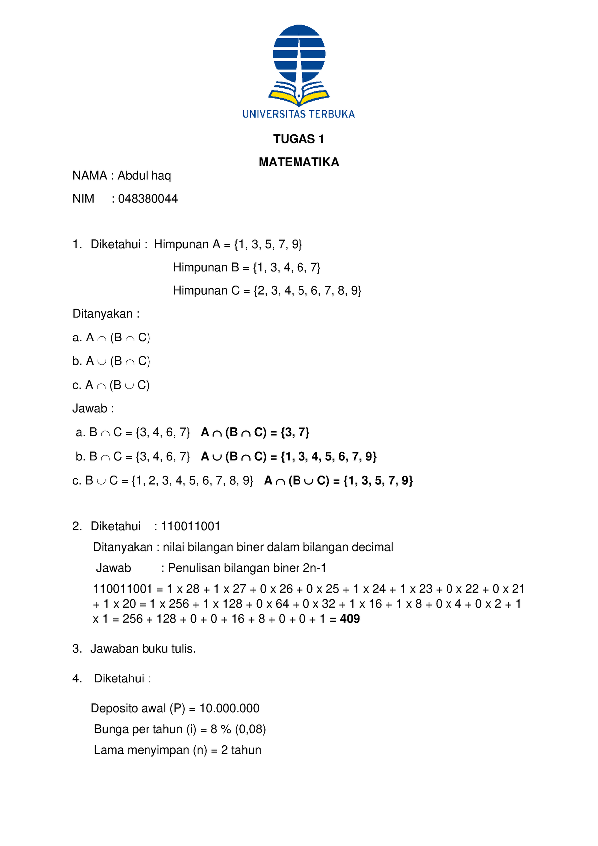 Tugas 1 Matematika - TUGAS 1 MATEMATIKA NAMA : Abdul Haq NIM ...