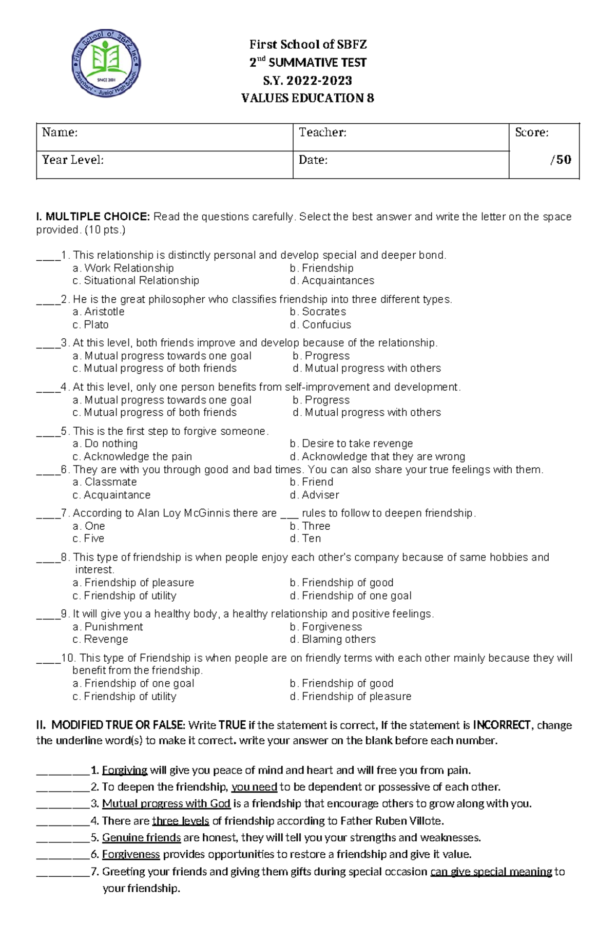2.1 Values ED 8 - First School of SBFZ 2 nd SUMMATIVE TEST S. 2022 ...