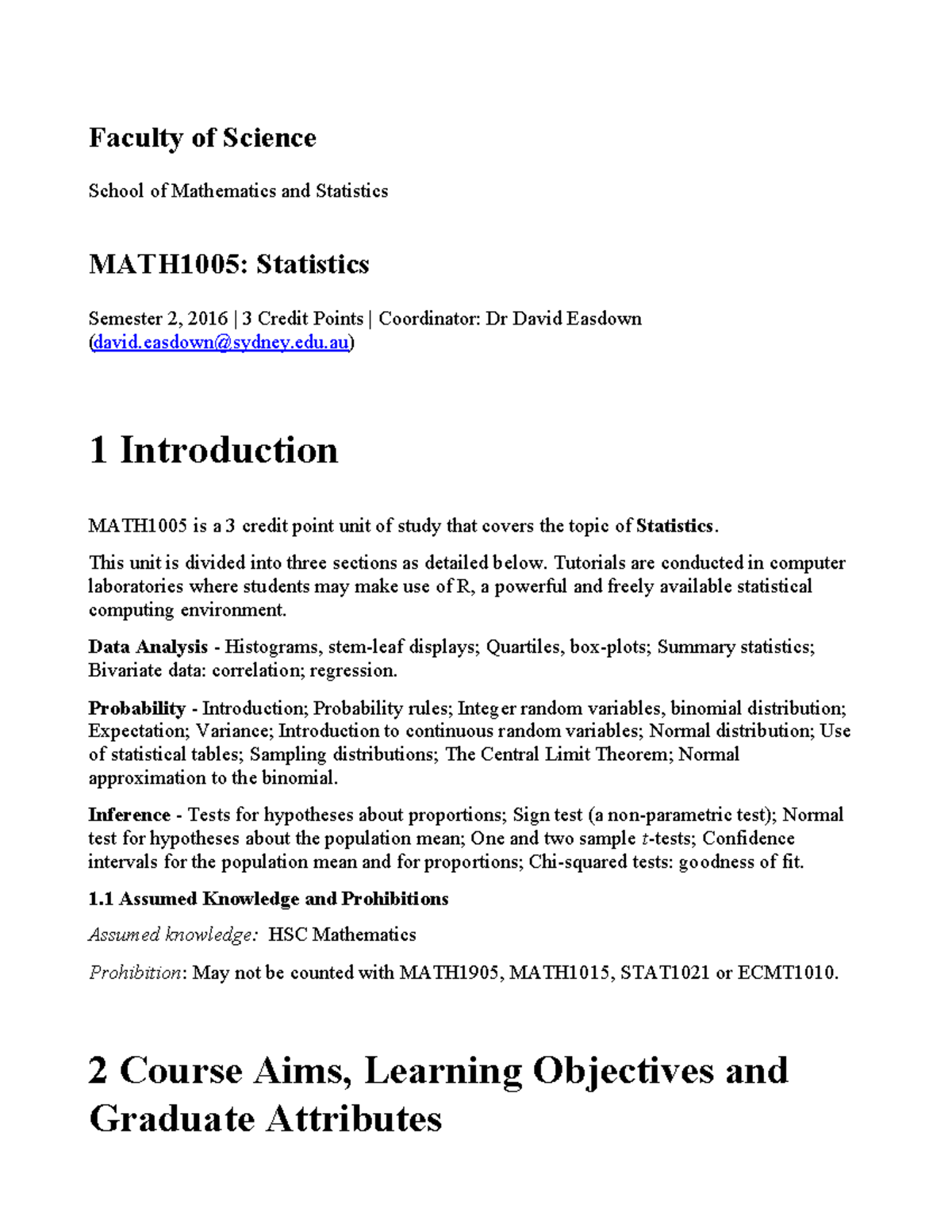 Math1005 Unit outline - Faculty of Science School of Mathematics and ...