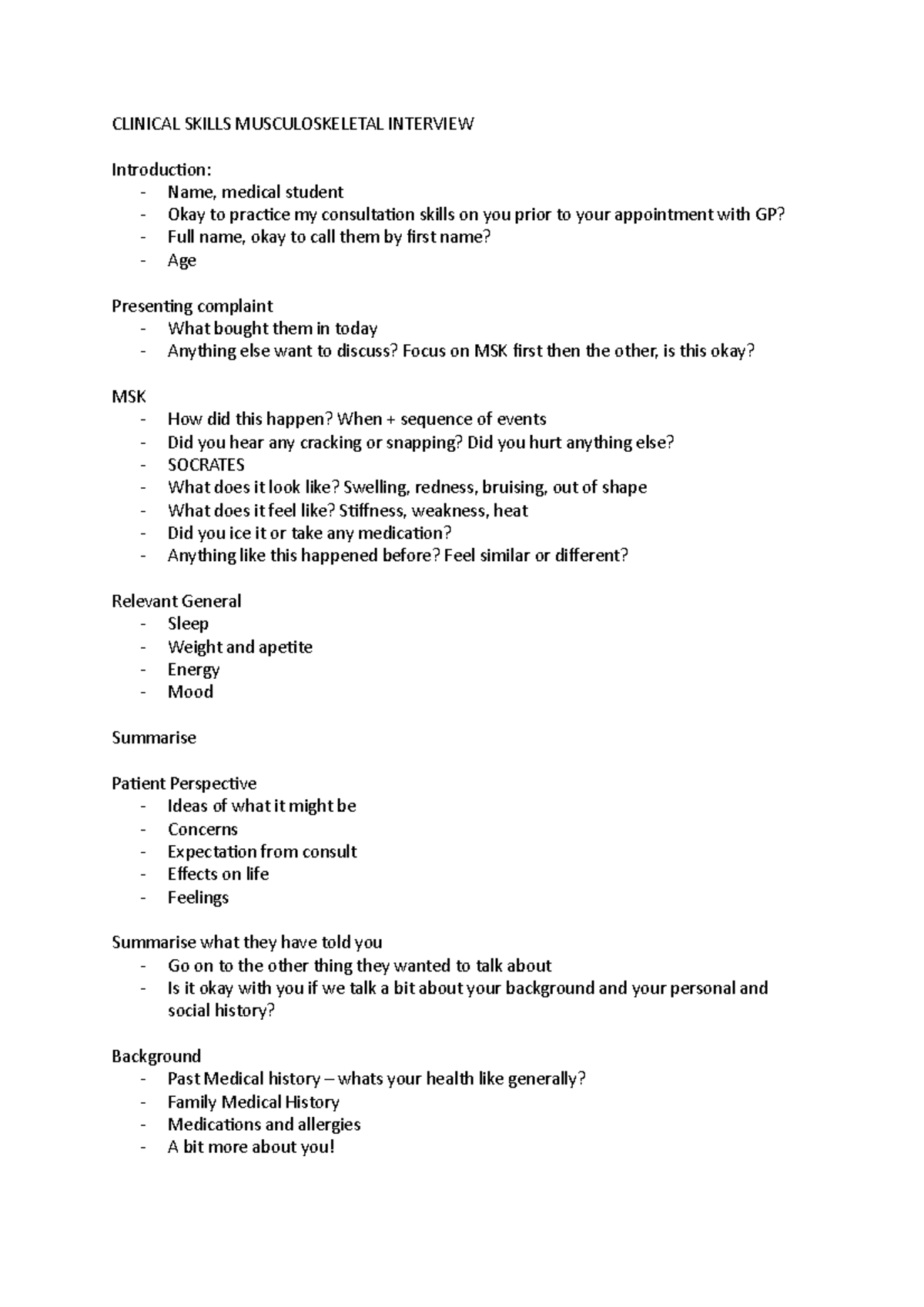 Clinical Skills MSK - MSK History Taking Template - CLINICAL SKILLS ...