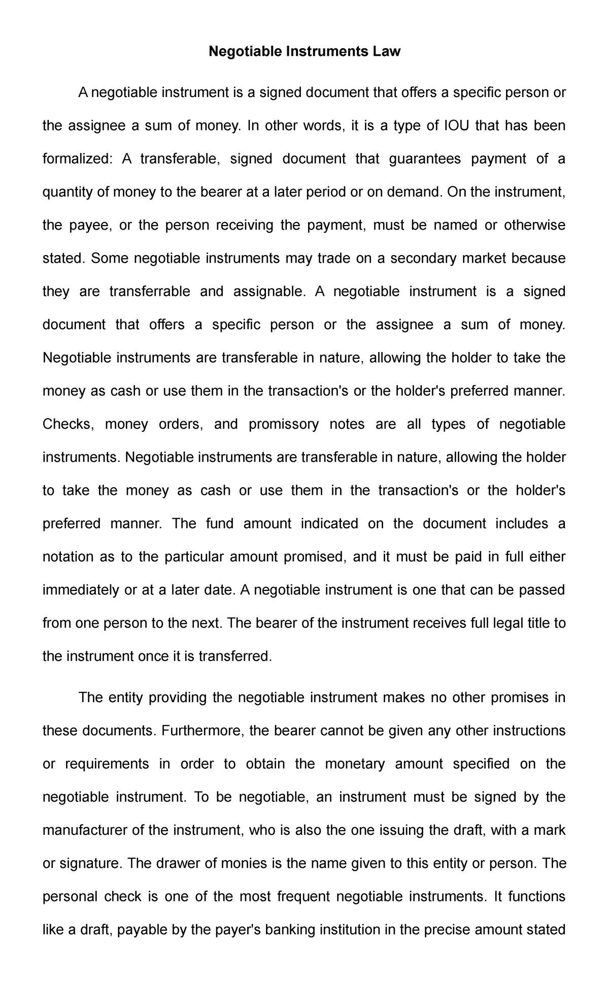 Negotiable Instruments Law - In other words, it is a type of IOU that ...