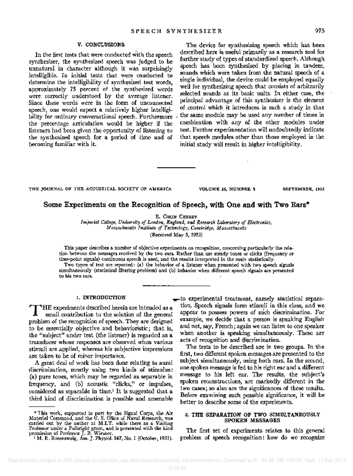 Cherry 1953 on selective attention - SPEECH SYNTHESIZER 975 V ...