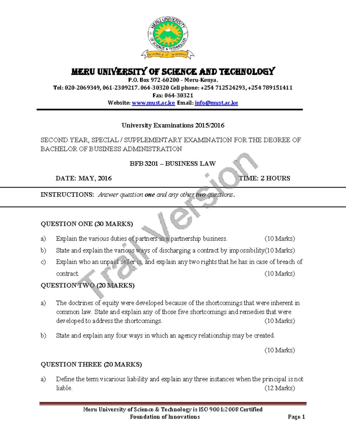 BFB 3201 Business Law Precise Meru University of Science