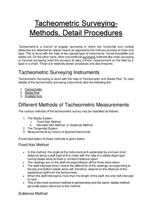 Tacheometric Surveying - Tacheometric Surveying- Methods, Detail Procedures  Tacheometry is a branch - Studocu