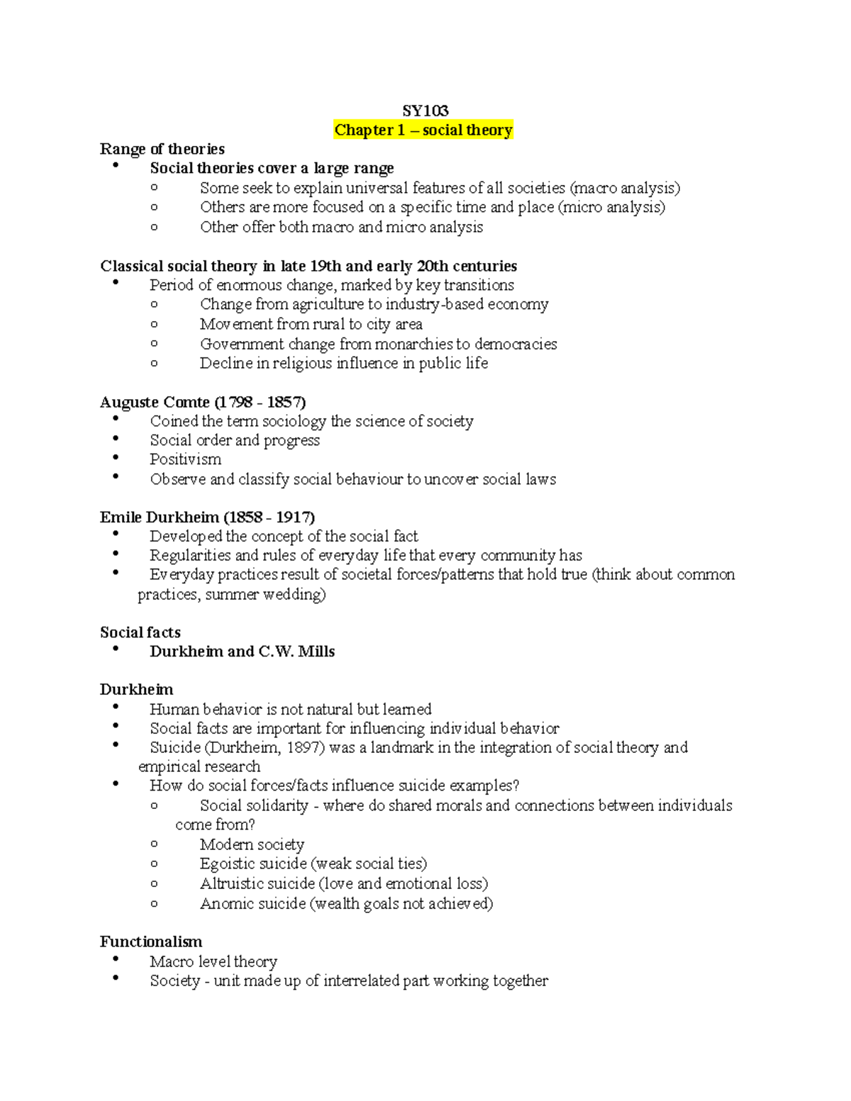 SY103 - social life - sociology - SY Chapter 1 – social theory Range of ...