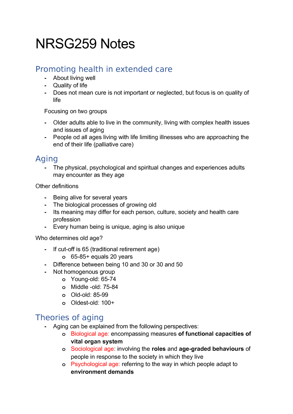 Nrsg259 Notes Promoting Health In Extended Care Acu - 