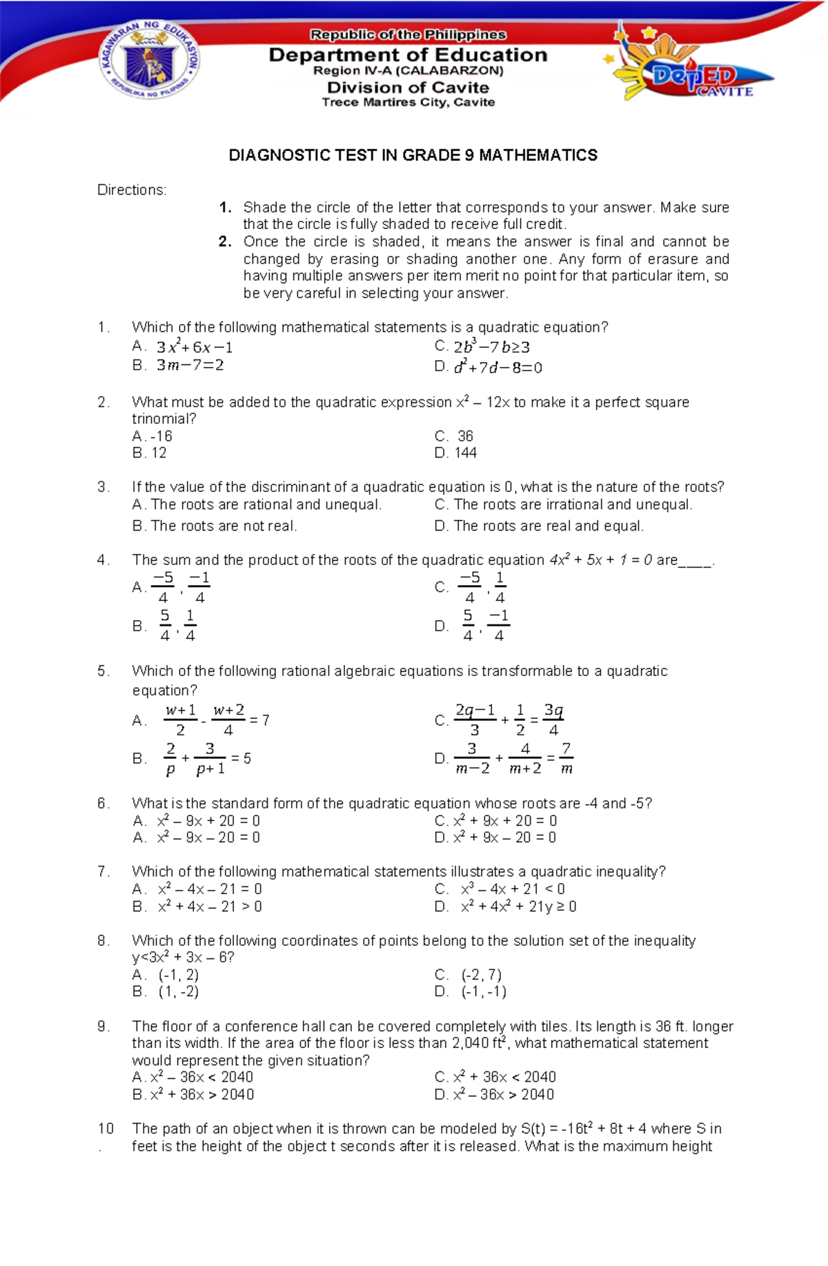 Diagnostic- Grade-9 - DIAGNOSTIC TEST IN GRADE 9 MATHEMATICS Directions ...