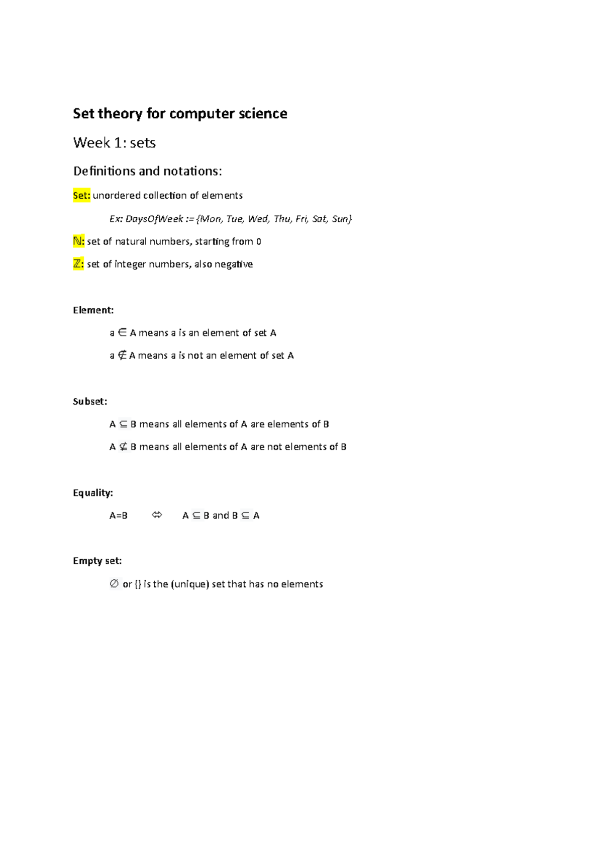 Lecture - Set theory for computer science Week 1: sets Definitions and ...