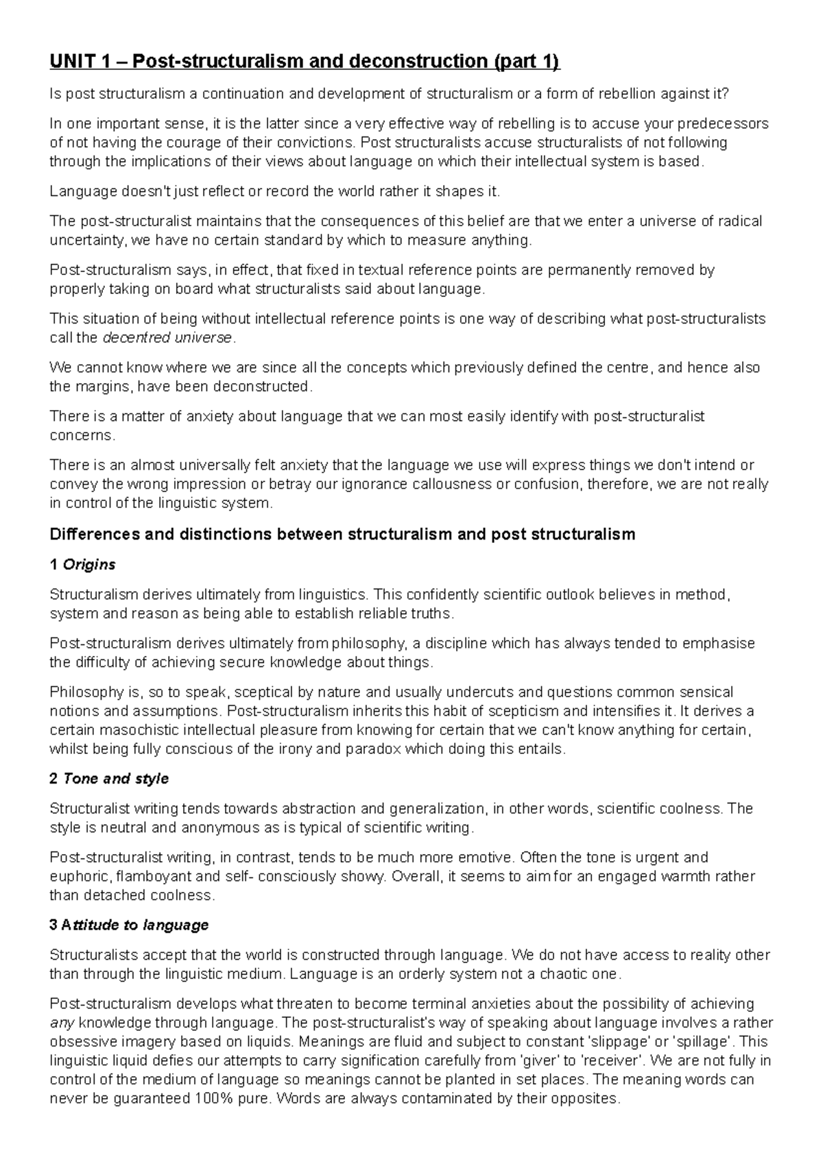 Apuntes Ctlli UNIT 1 POST Structuralism part 1 UNIT 1 Post