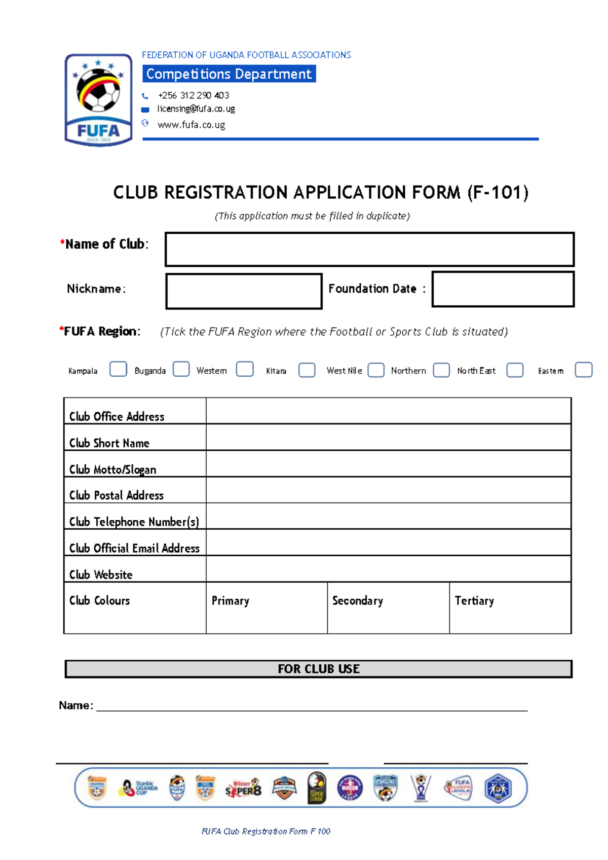 FUFA Club Registration Form F 1011 FUFA Club Registration Form F 100