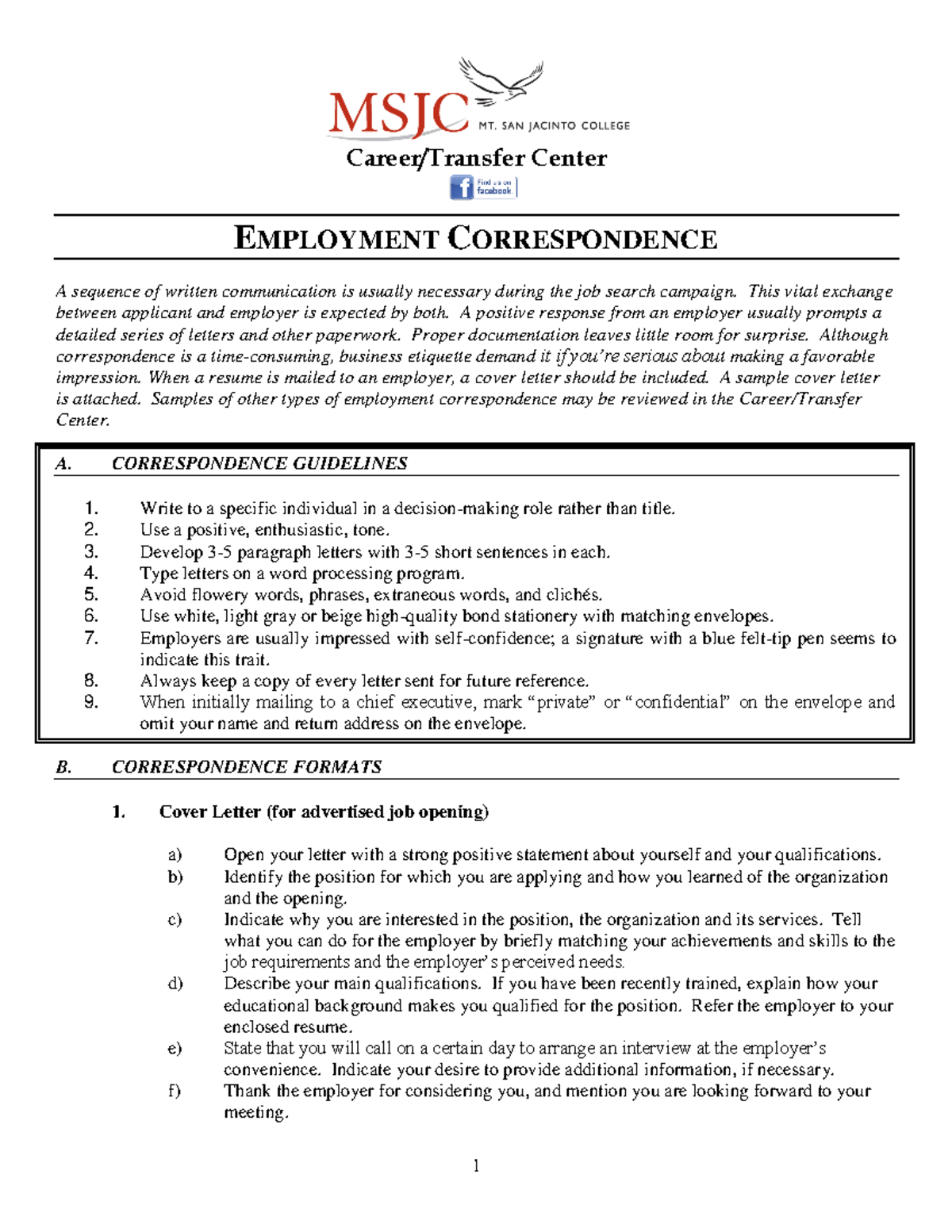 Employment Correspondence1 Career/Transfer Center EMPLOYMENT