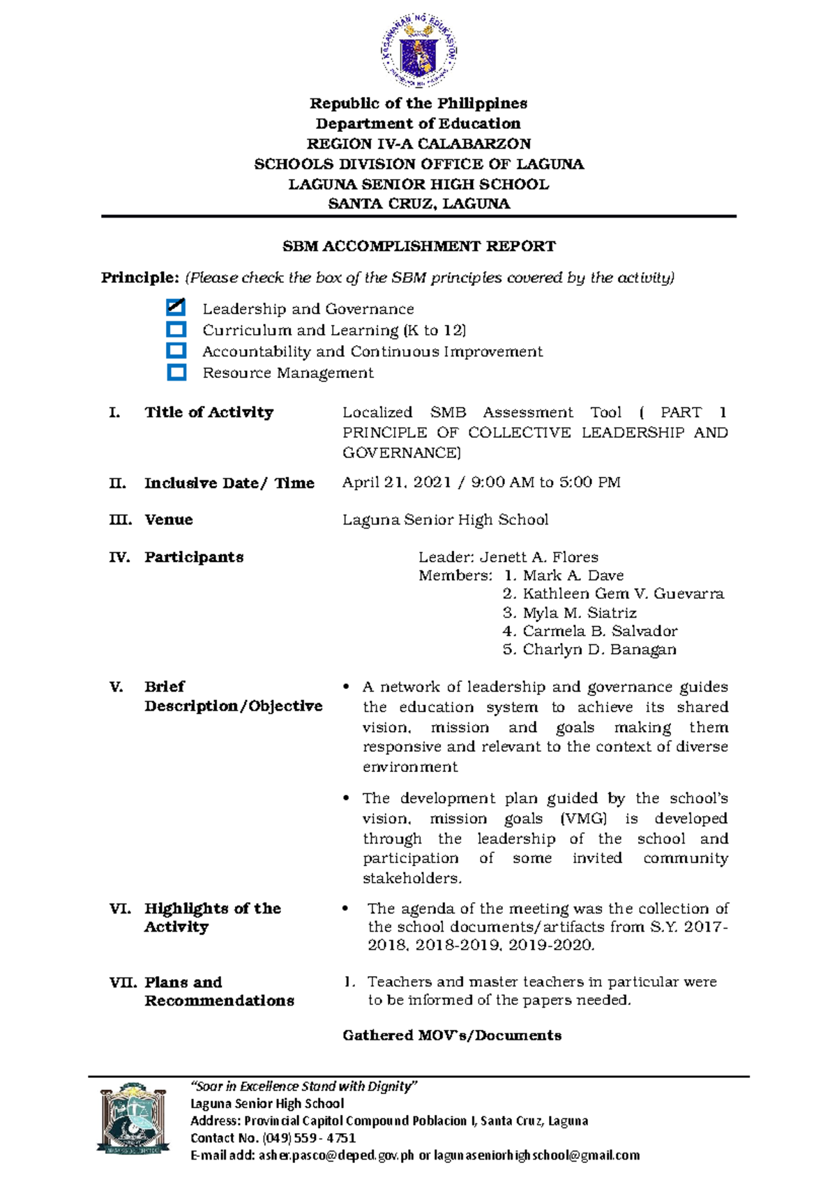 SBM Group 2 Accomplishment Report 04 21 21 - Republic of the ...