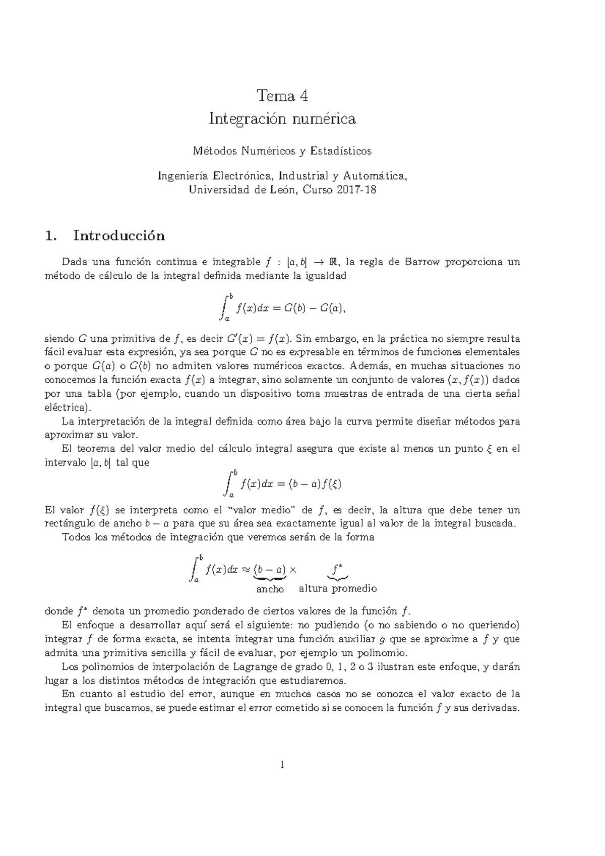 Tema 4. Integracion Numerica - Tema 4 Integraci´on Num´erica M´etodos ...