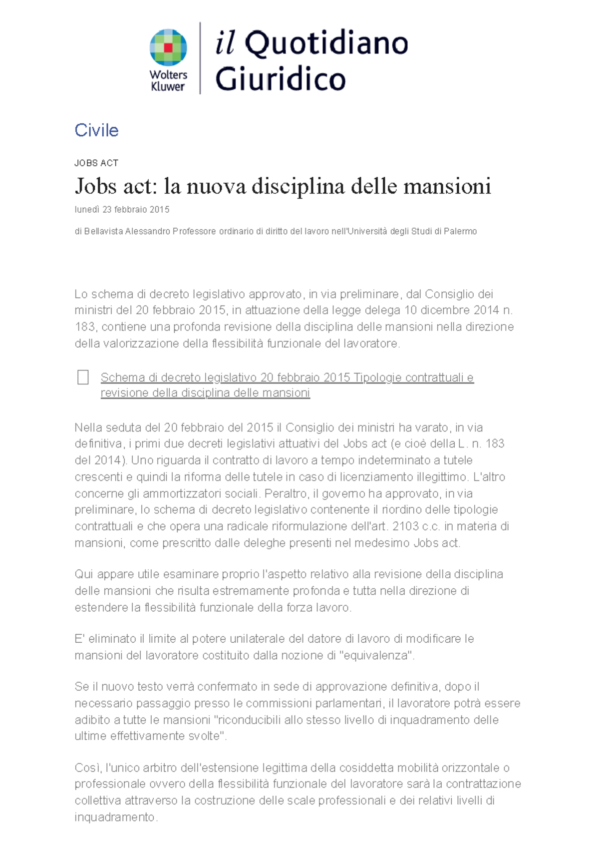 Bellavista Saggio sul jobs act Giurisprudenza UniNa Studocu