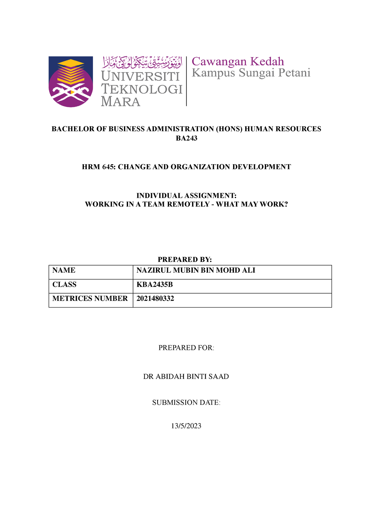 Individual Assignment - BACHELOR OF BUSINESS ADMINISTRATION (HONS ...