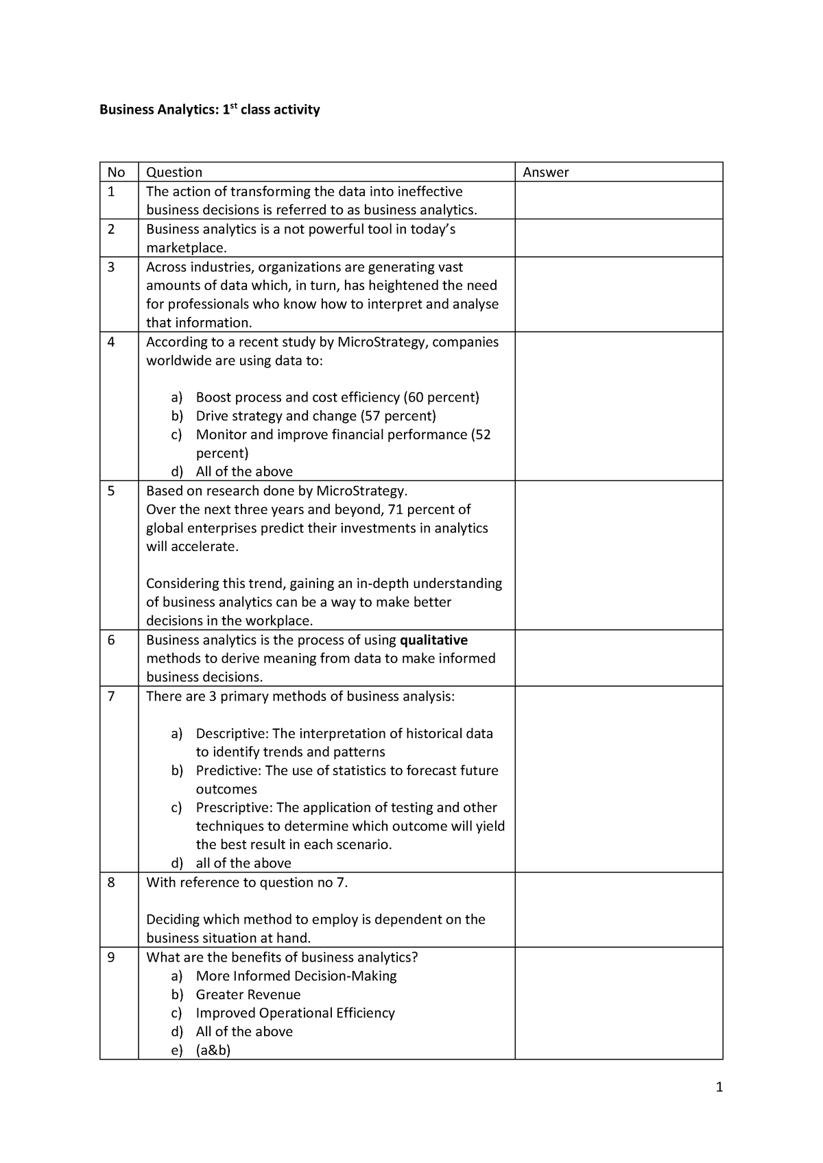 BA Tutorial Chapter 1 - Student Version - 1 Business Analytics: 1 st ...