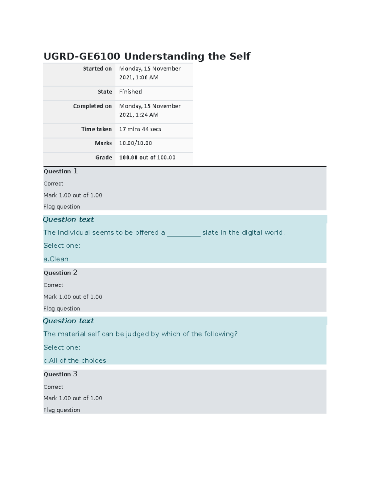 Understanding The Self Final Quiz 1 1 - UGRD-GE6100 Understanding The ...