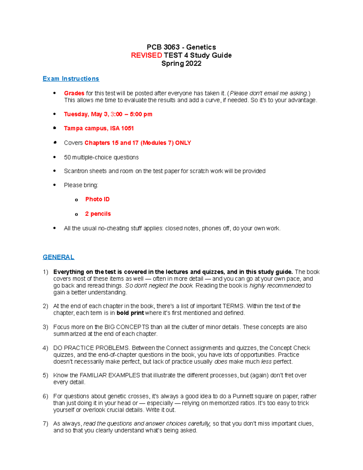 Genetics Revised Test 4 Study Guide Sp22 - PCB 3063 - Genetics REVISED ...