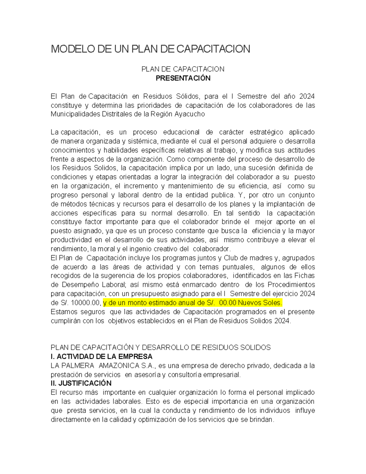 Modelo DE UN PLAN DE Capacitacion - MODELO DE UN PLAN DE CAPACITACION ...