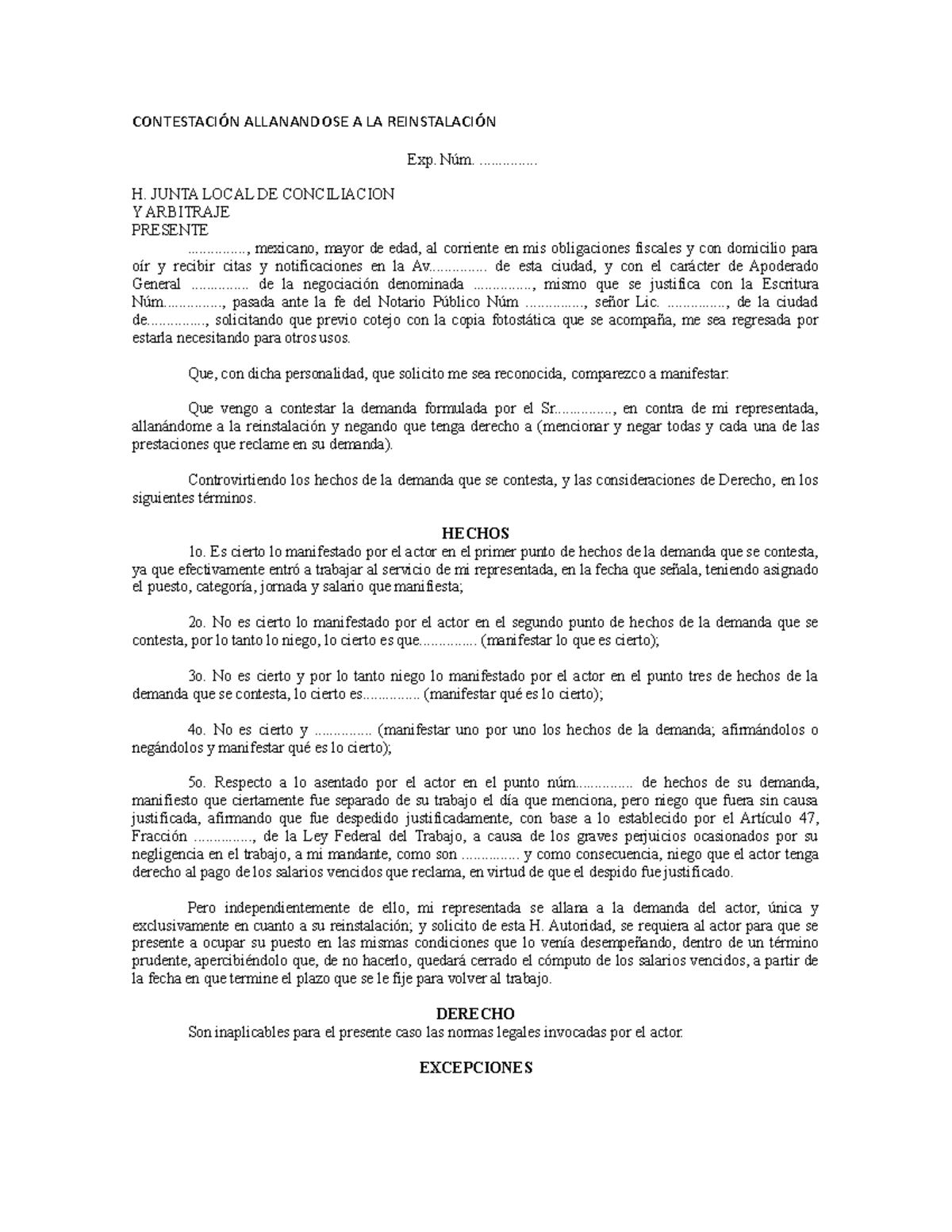 Contestación Allanandose A LA Reinstalación - CONTESTACIÓN ALLANANDOSE A LA  REINSTALACIÓN Exp. Núm. - Studocu