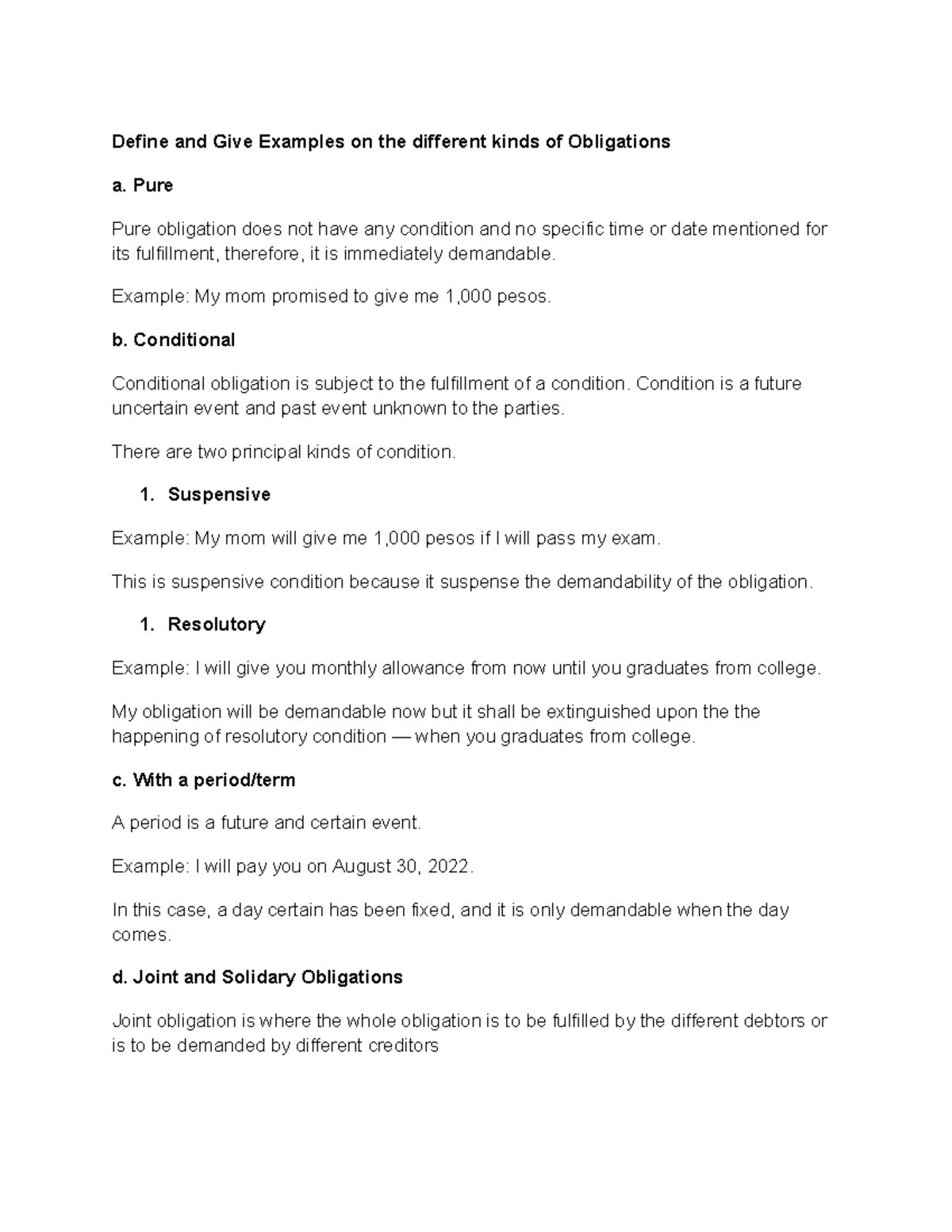 Kinds OF Obligation PART 1 - Define and Give Examples on the different ...