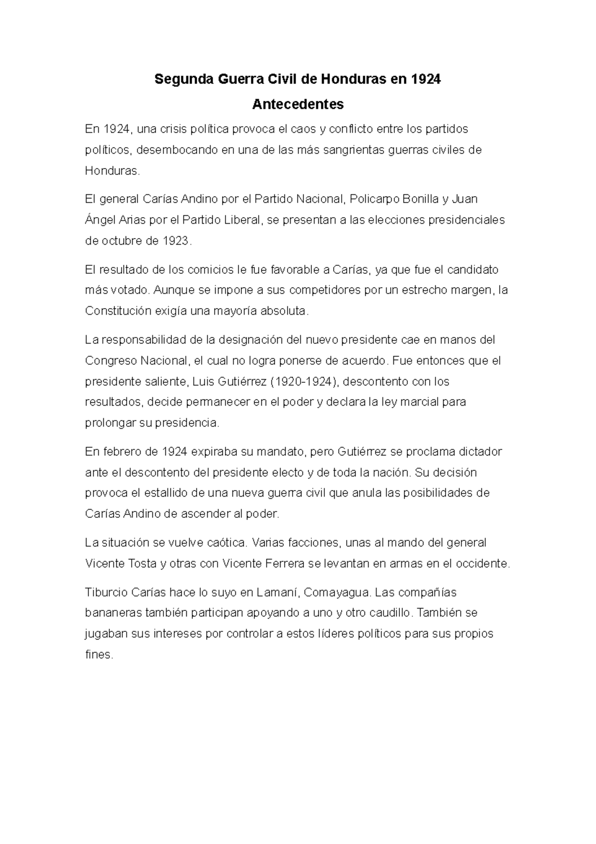 Segunda Guerra Civil de Honduras en 1924 antecedentes El general