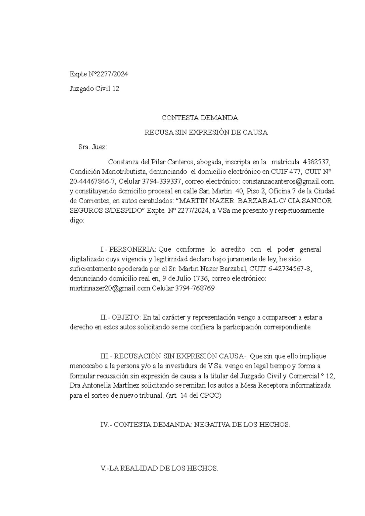 TP Recusación SIN Expresión DE Causa - Expte N°2277/ Juzgado Civil 12 ...