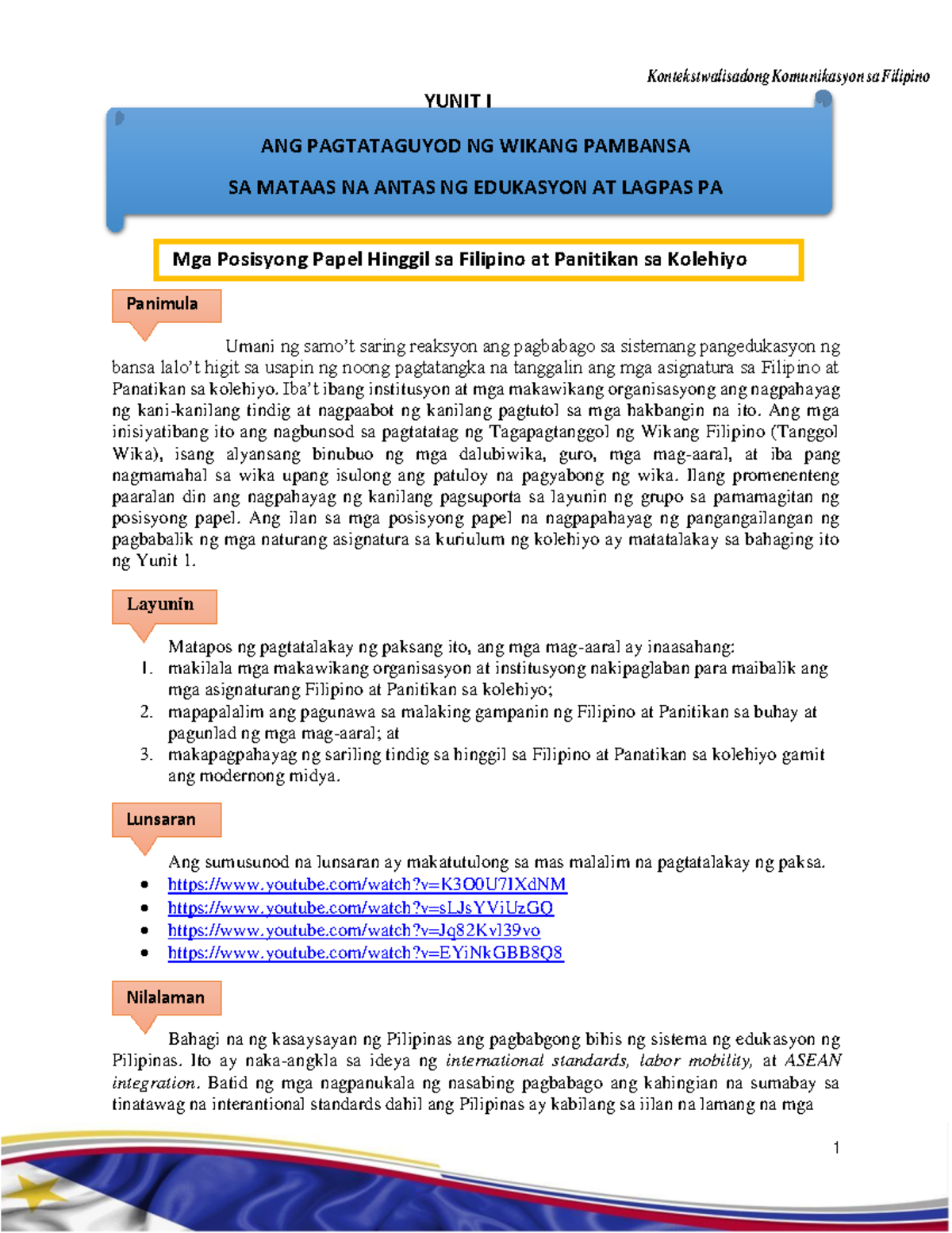 FILI 101 Module - Panimula Lunsaran Nilalaman Kontekstwalisadong ...