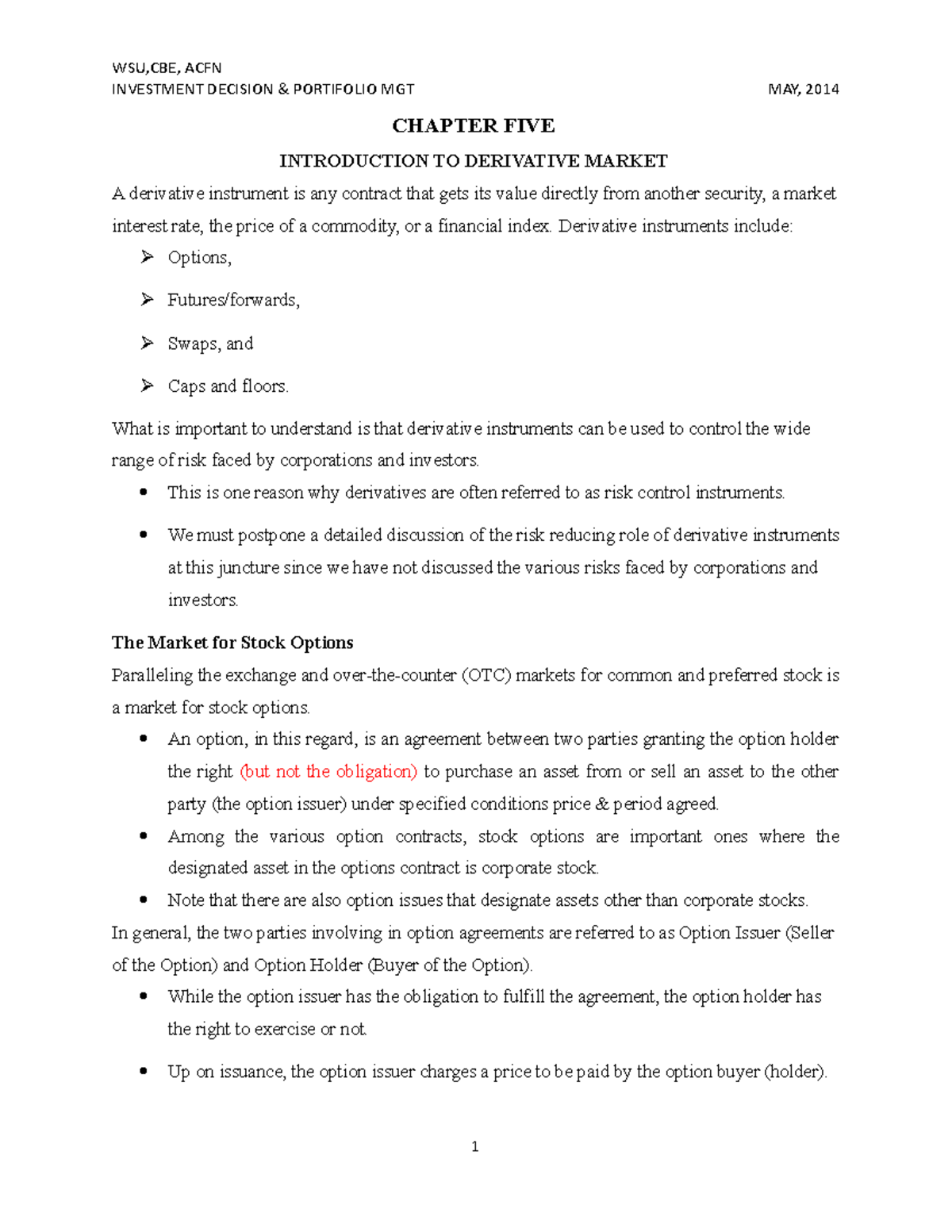 Chapter FIVE - Notes - INVESTMENT DECISION & PORTIFOLIO MGT MAY, 2014 ...