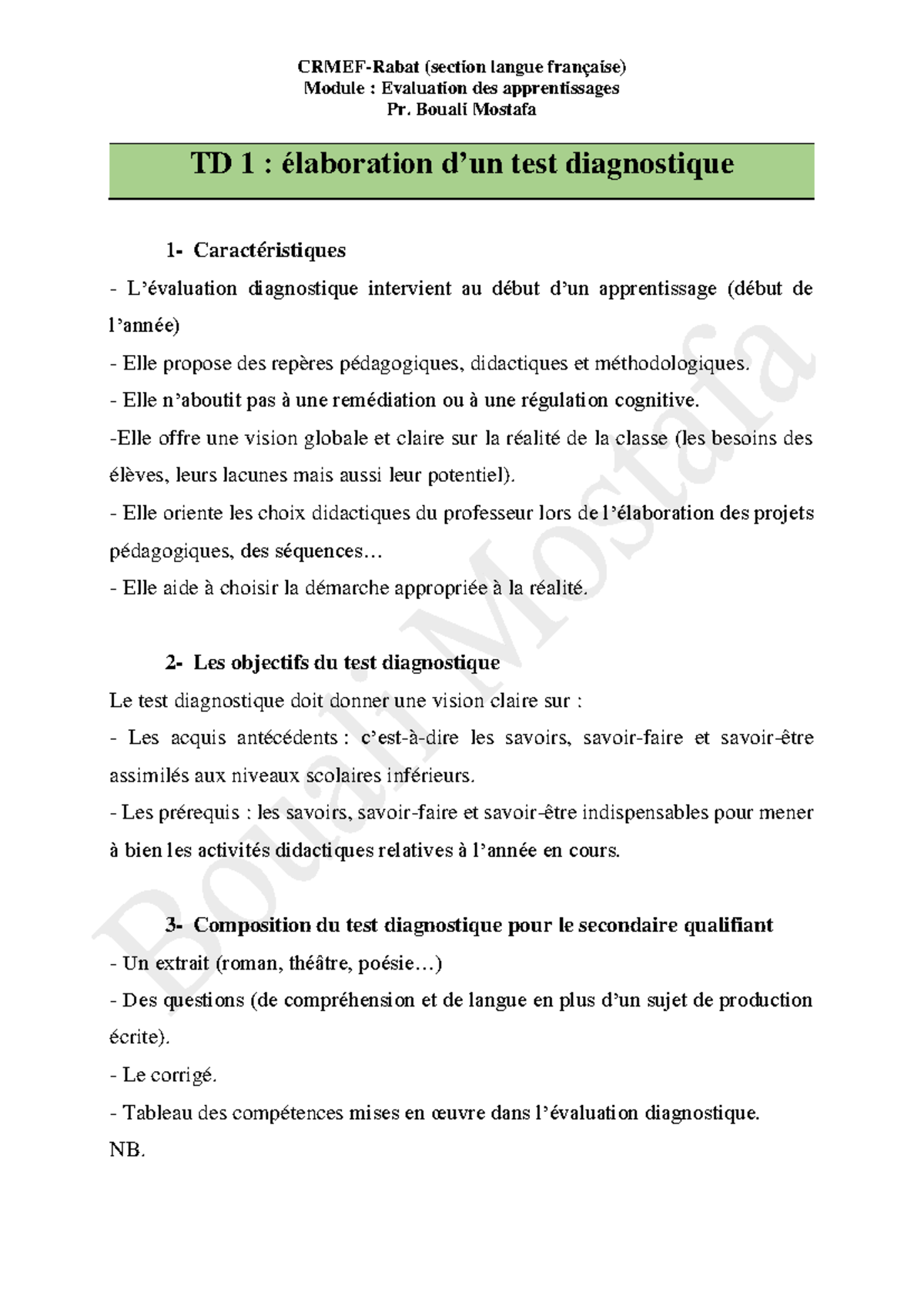 Cours test diagnostique - CRMEF-Rabat (section langue française) Module ...