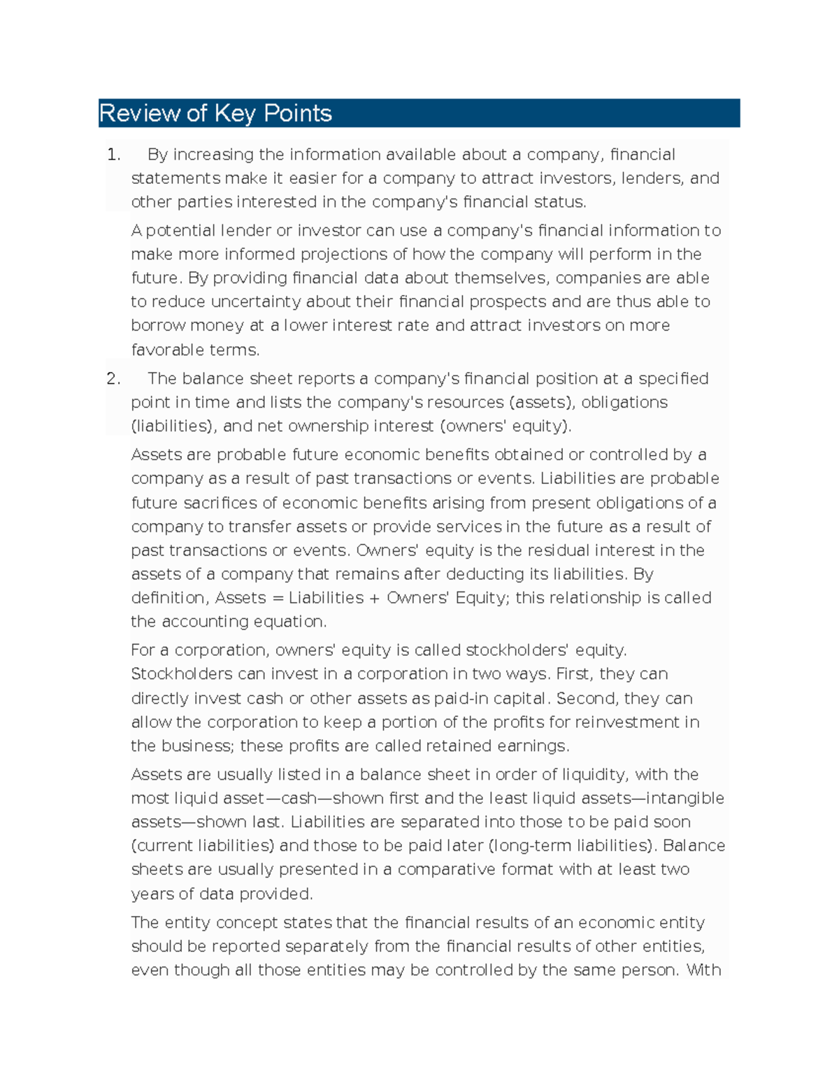 Topic 2 Overview of the Financial Statements Review of Key Points By