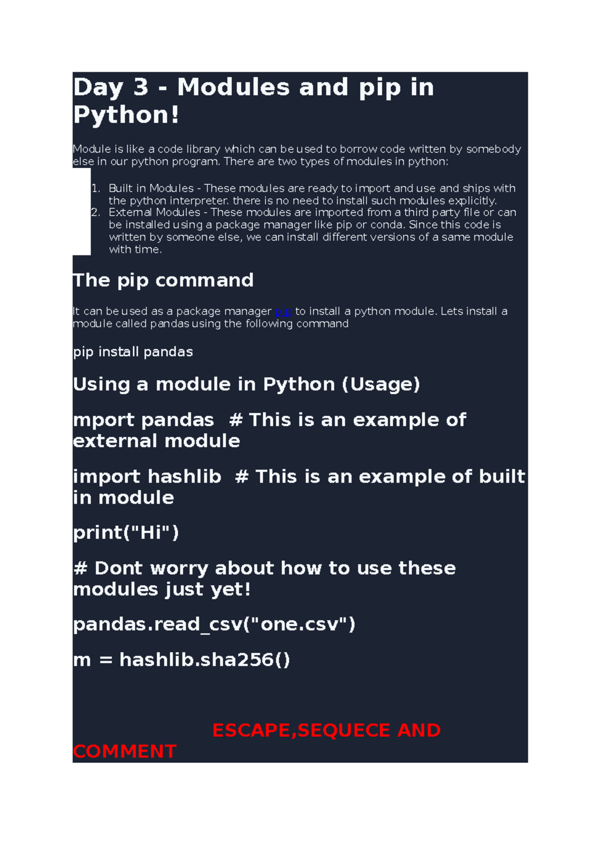 Python Notes - Day 3 - Modules and pip in Python! ####### Module is ...