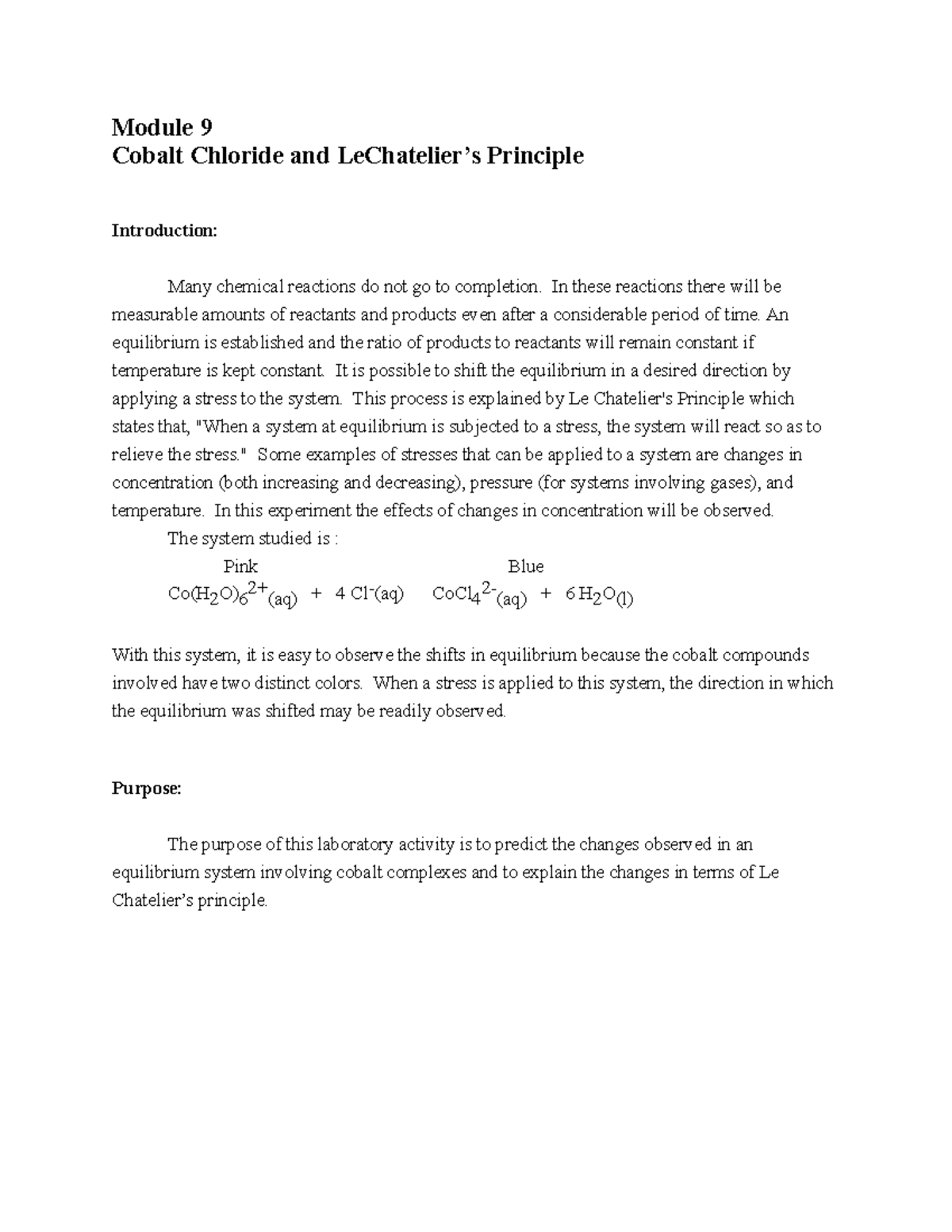 Module 9 Introduction Cobalt Chloride and Le Chateliers Principle1