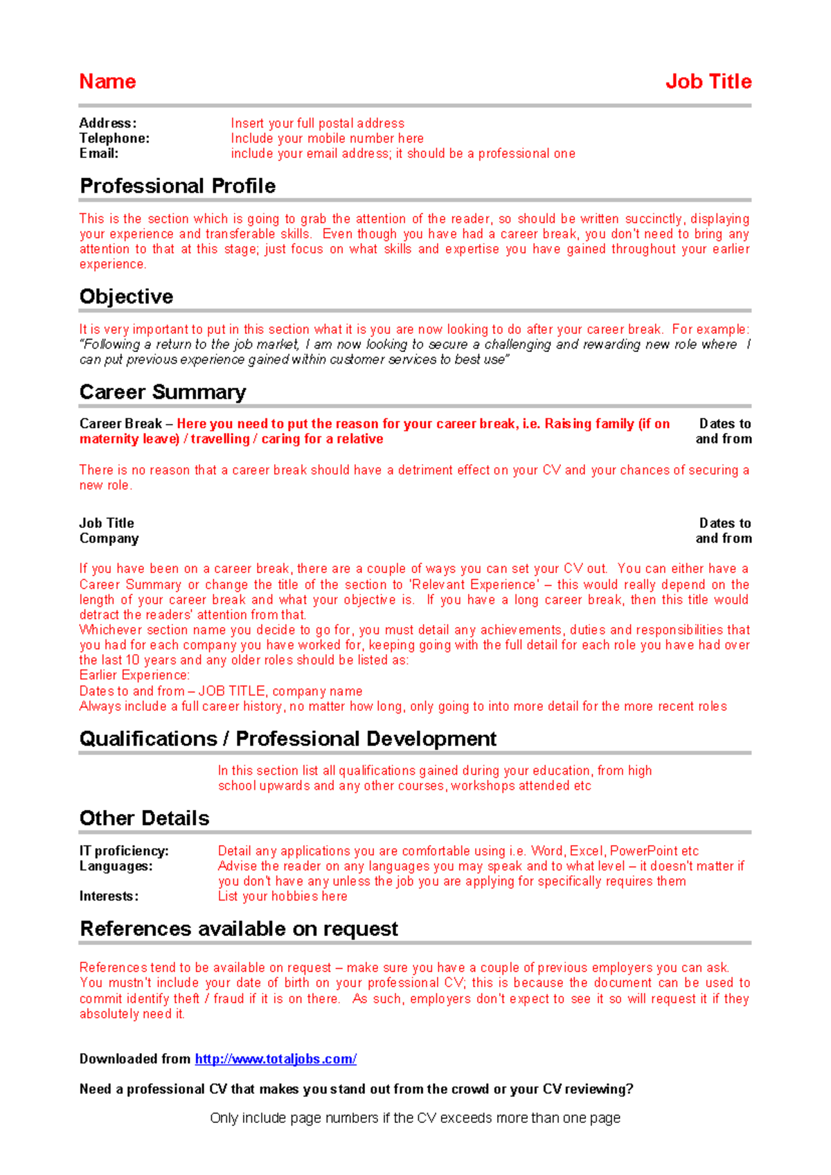 Curriculum vitae template 25 - Name Job Title Address: Insert your full ...