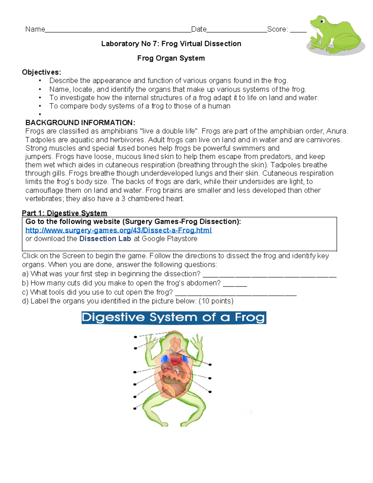 Labortaory No. 7. Frog Organ System Part 1 - Name Date Score ...