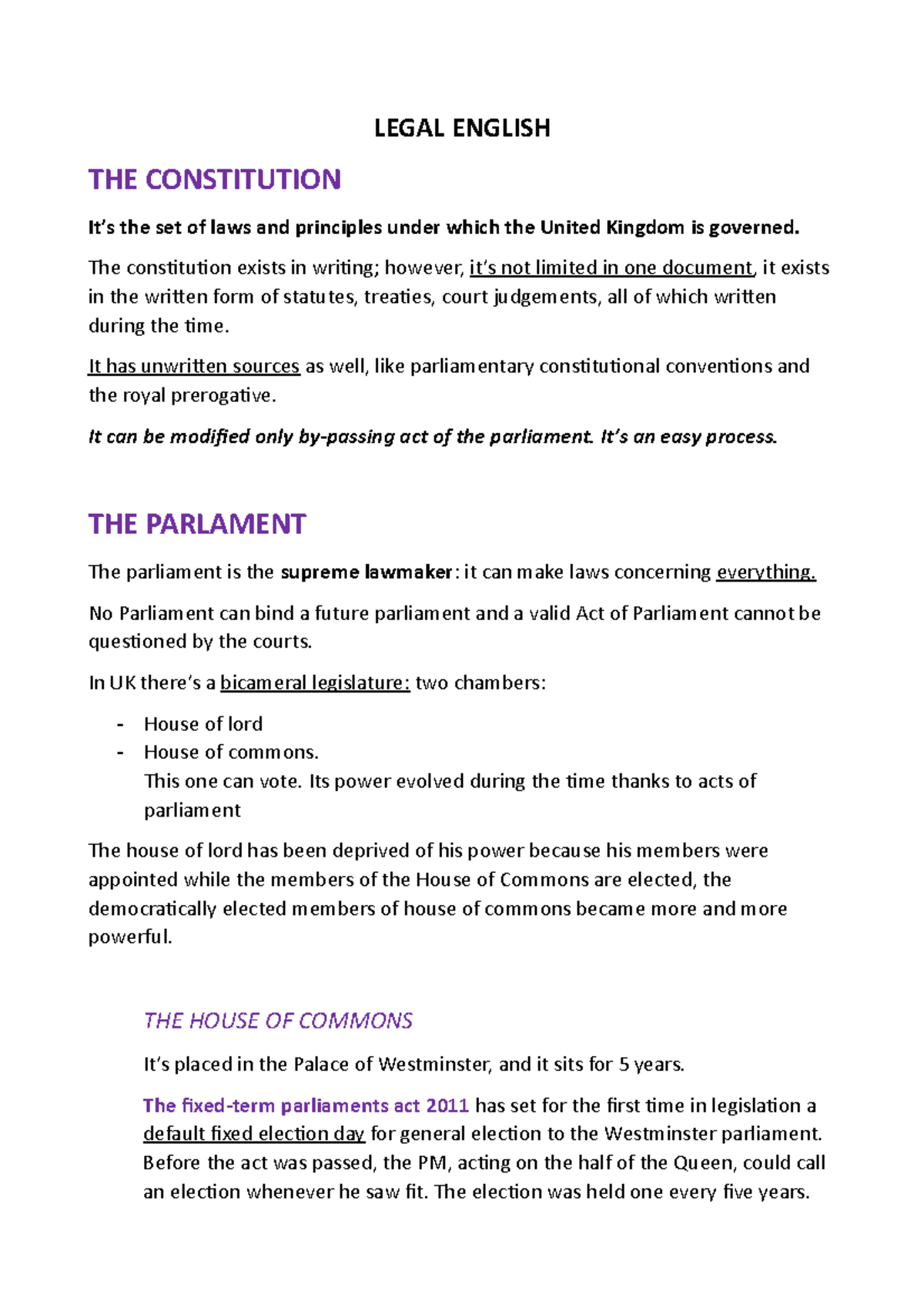 Legal Englis td common law LEGAL ENGLISH THE CONSTITUTION It’s