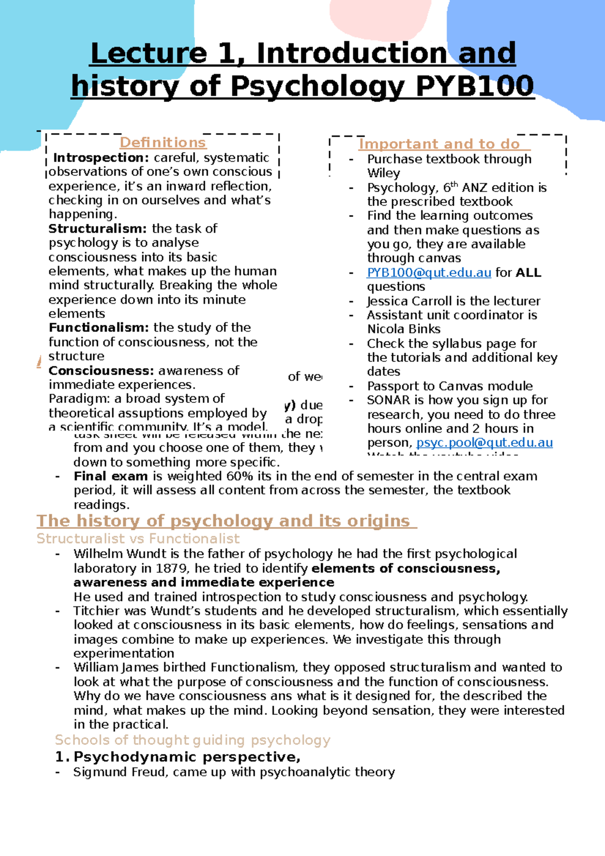 Lecture 1 - Lecture 1, Introduction and history of Psychology PYB ...