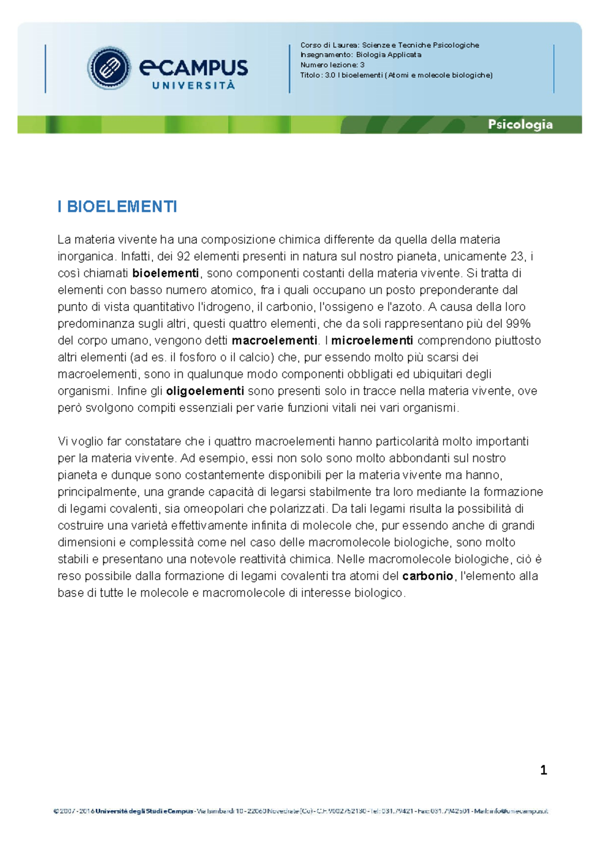 I Bioelementi - Appunti - 1 Corso Di Laurea: Scienze E Tecniche ...