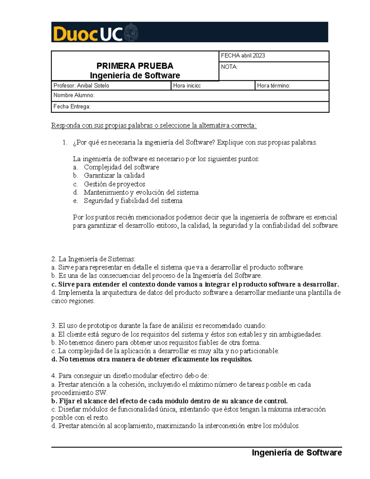 Primera prueba Ingeniería de Software-1 - PRIMERA PRUEBA Ingeniería de ...