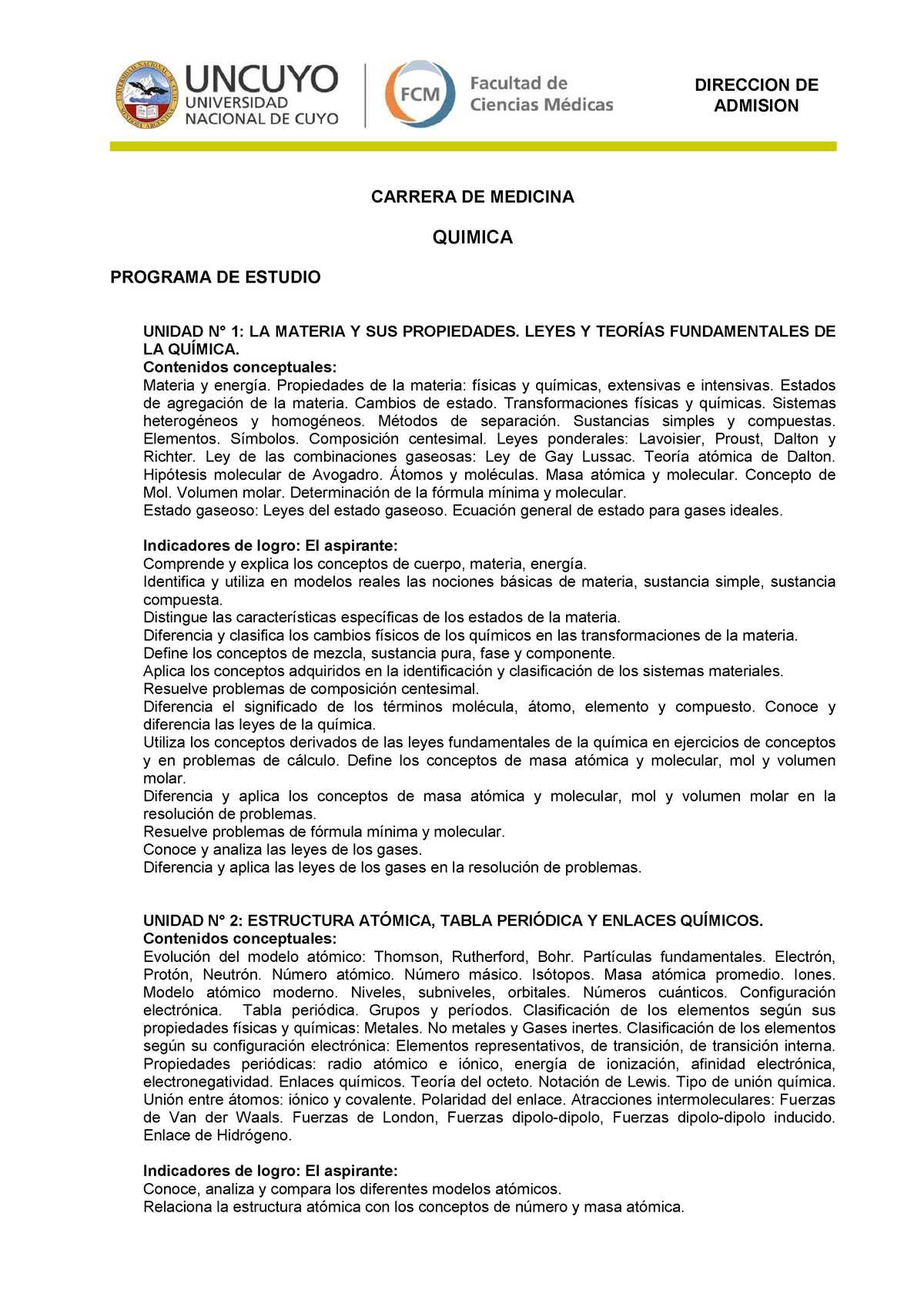 Programa de química ingreso a medicina UNCuyo - ADMISION CARRERA DE MEDICINA  QUIMICA PROGRAMA DE - Studocu