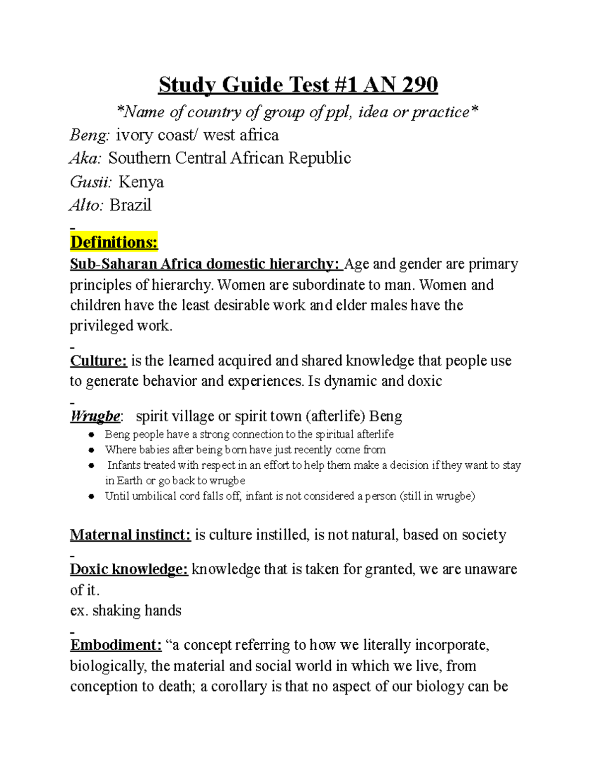 Study Guide Test #1 AN 290 - Study Guide Test #1 AN 290 Name of country ...
