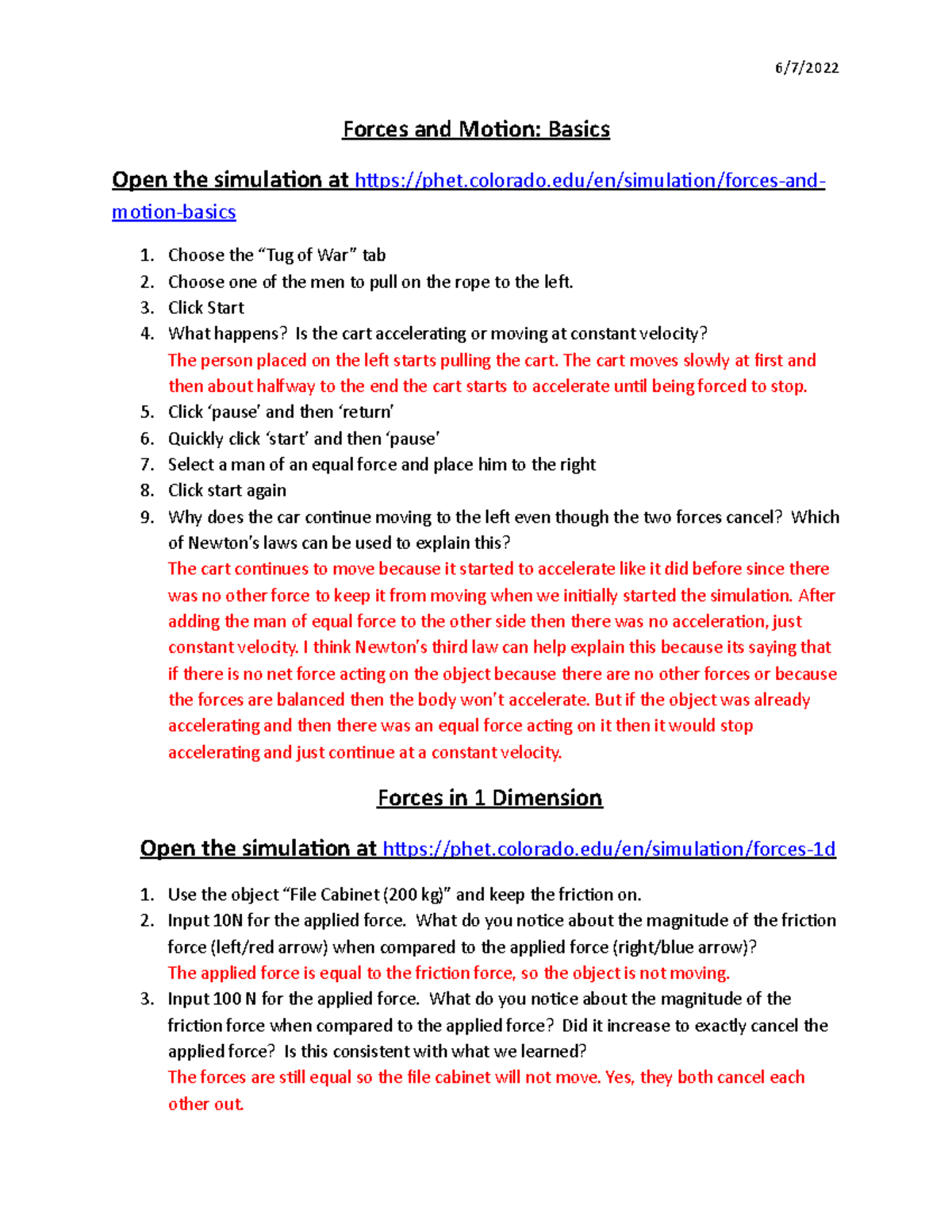 Lab 11B Lab 1 6/7/ Forces and Motion Basics Open the simulation at