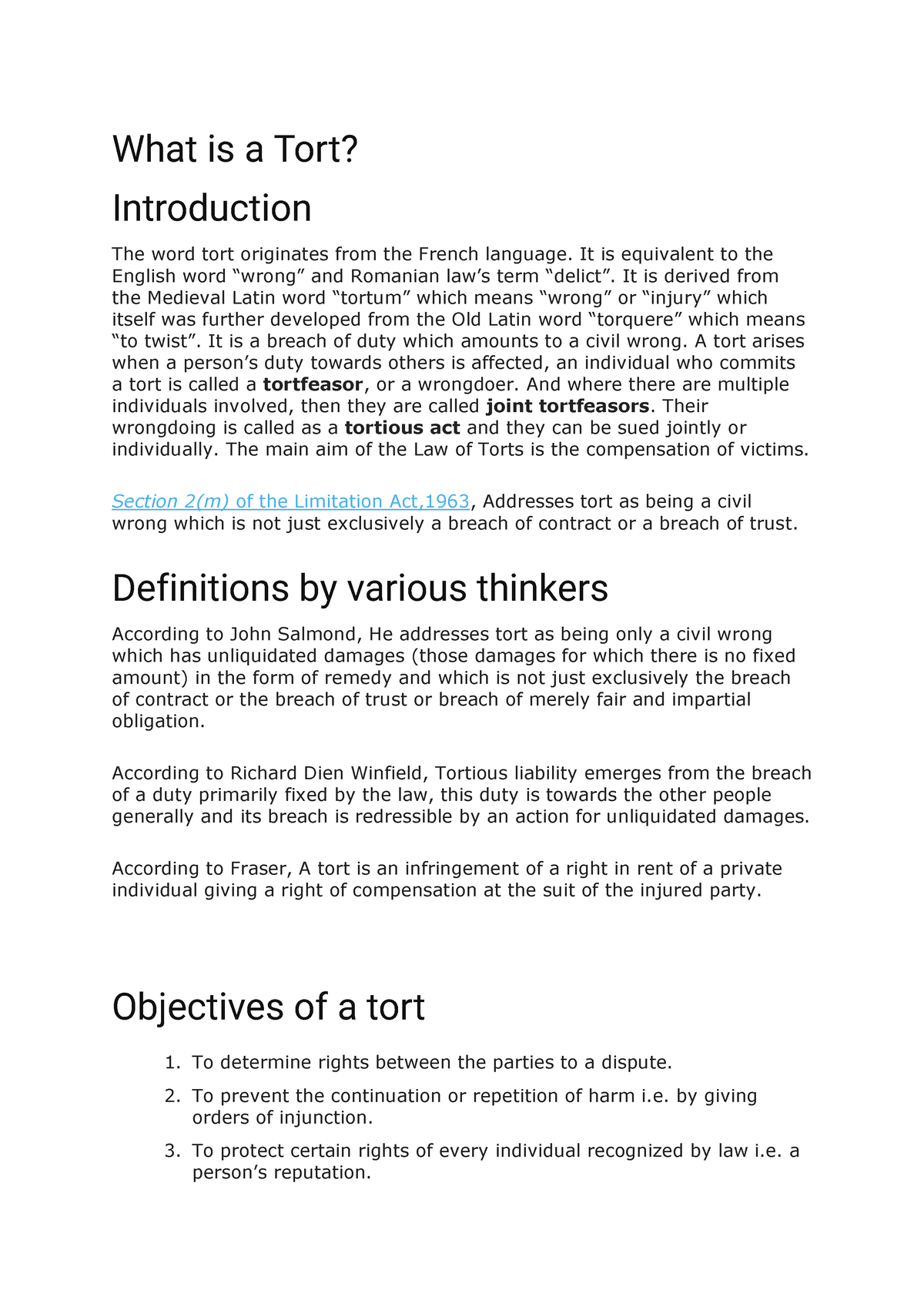 Tort - Tort Notes - What Is A Tort? Introduction The Word Tort ...