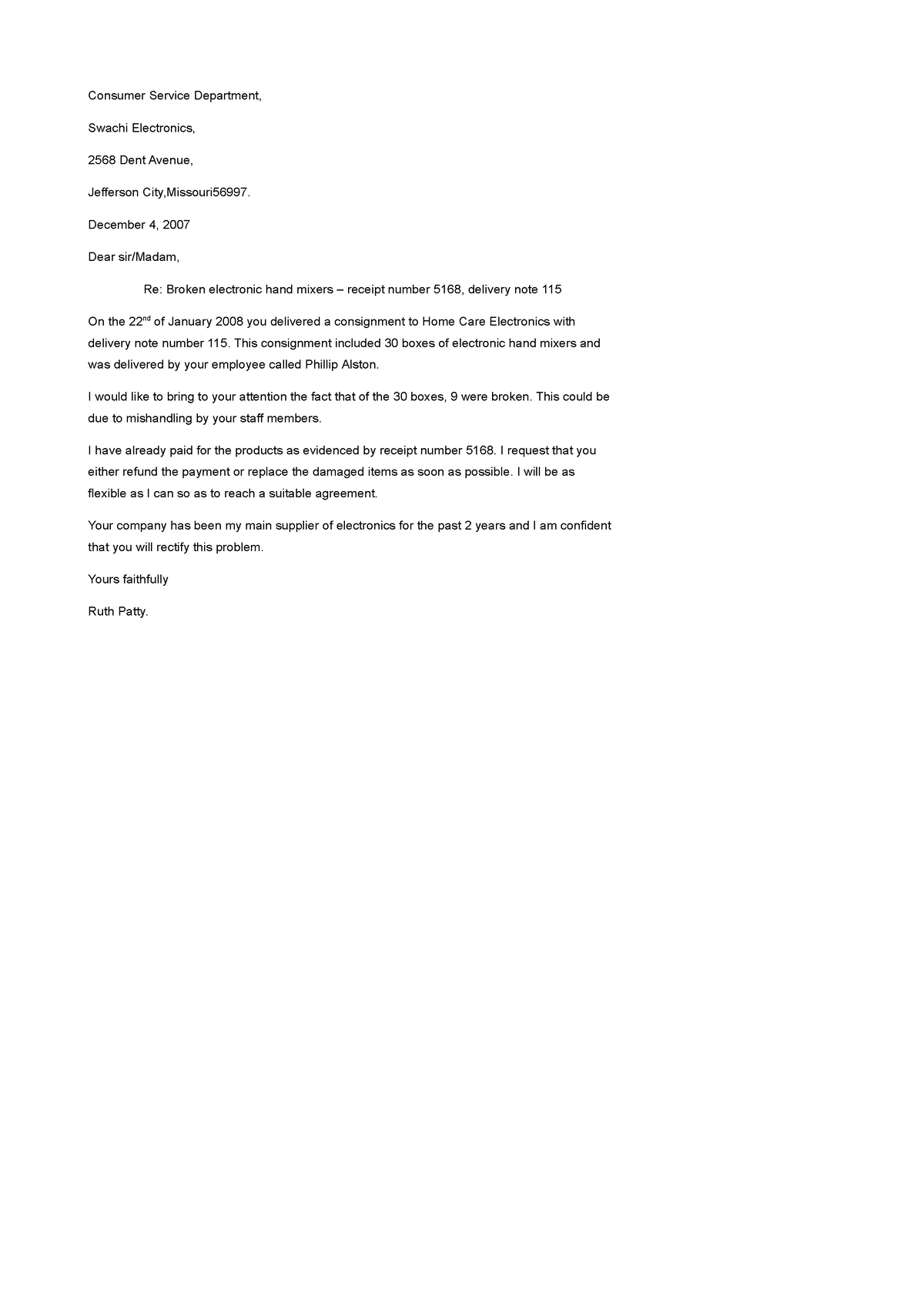 Business Complaint Letter Template PDF3 - Consumer Service Department ...